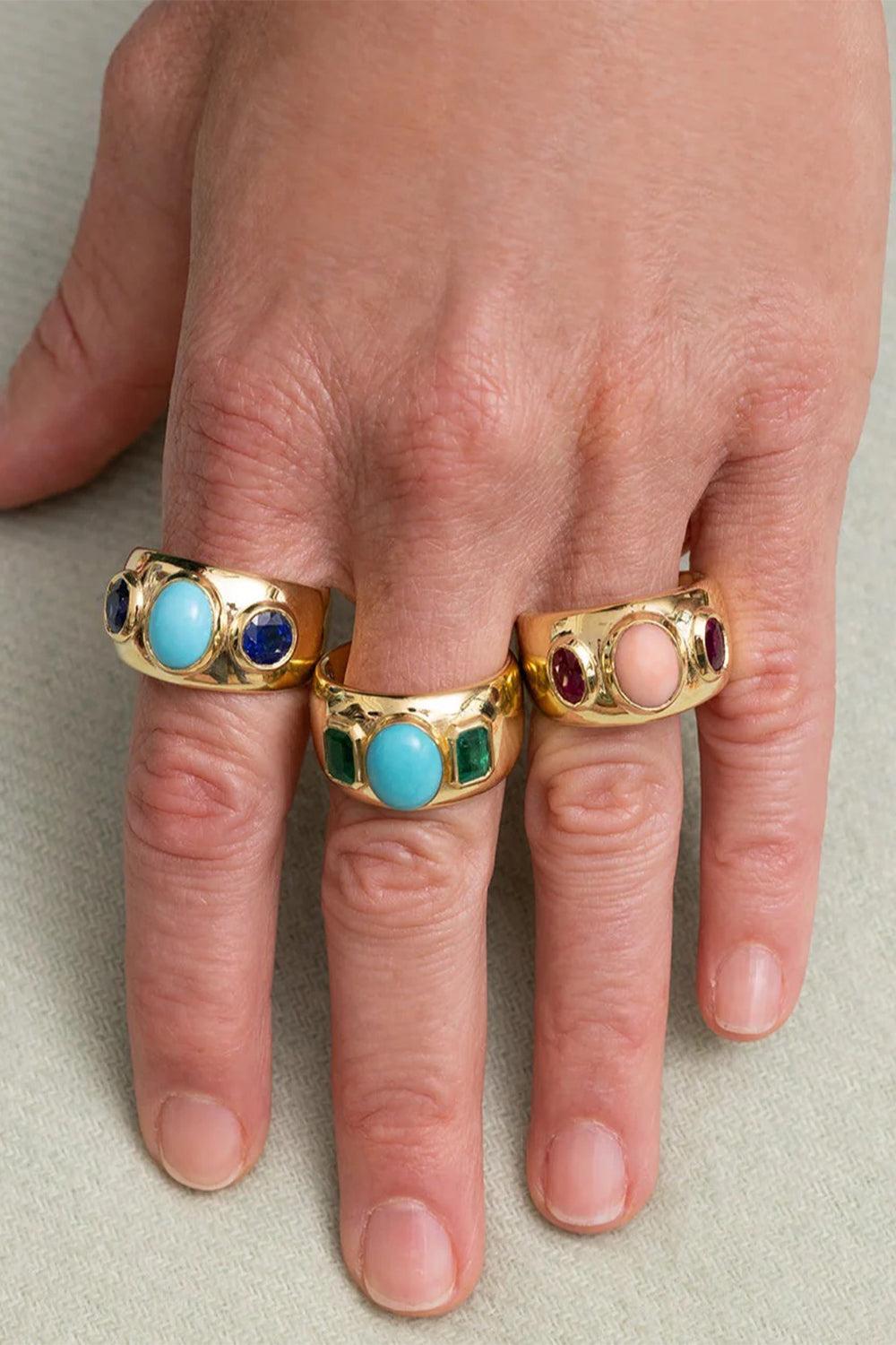 Emerald Turquoise Three Stone Ring-YELLOW GOLD-6.5-JEWELRYFINE JEWELRING-JENNA BLAKE