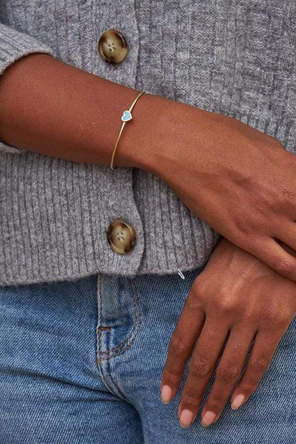 JENNIFER MEYER-Turquoise Inlay Heart Cuff-YELLOW GOLD