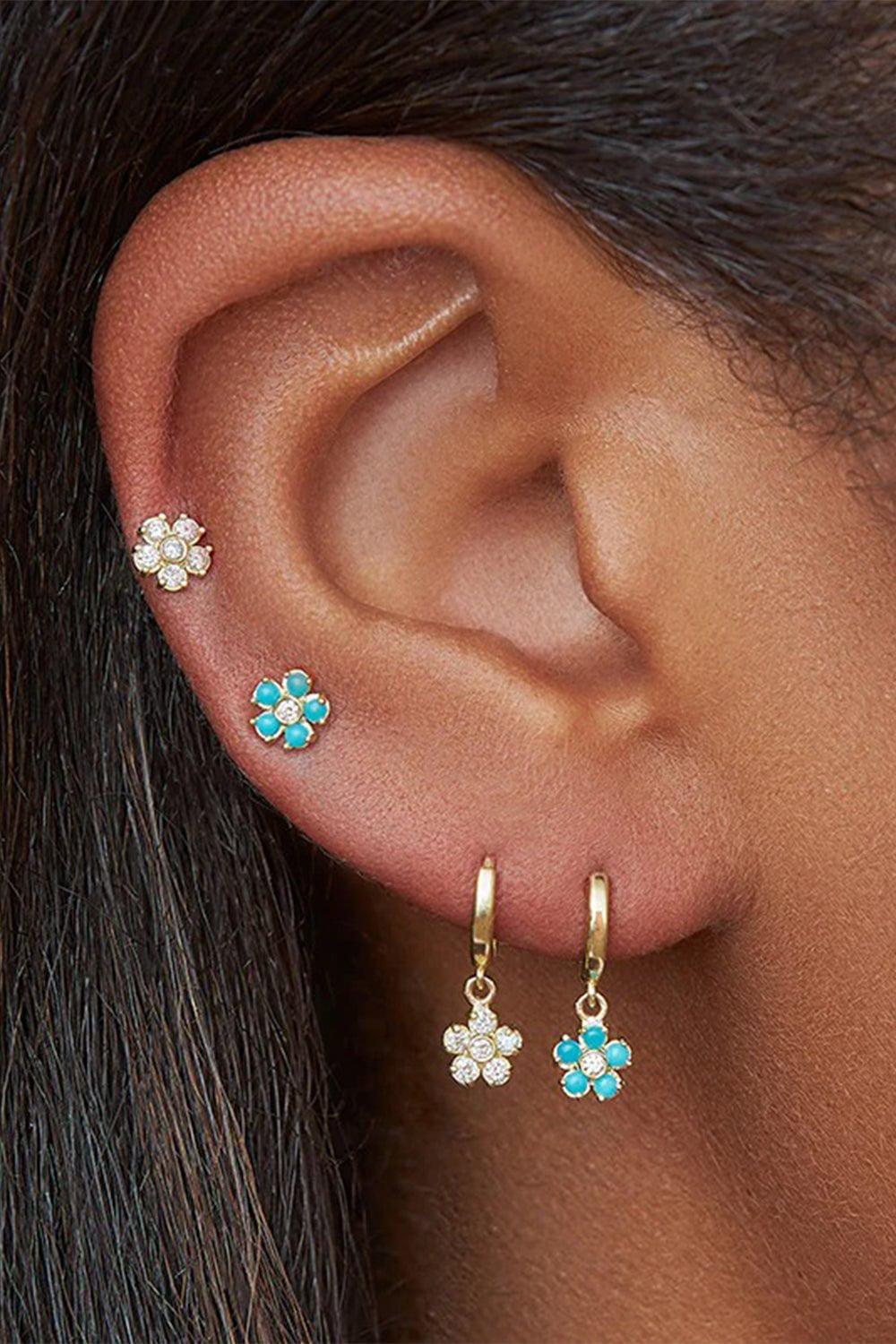 JENNIFER MEYER-Mini Pink Sapphire Diamond Flower Drop Huggies-YELLOW GOLD