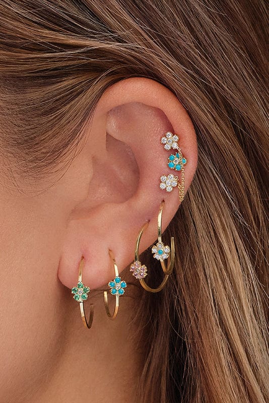 JENNIFER MEYER-Small Emerald and Diamond Flower Hoops-YELLOW GOLD
