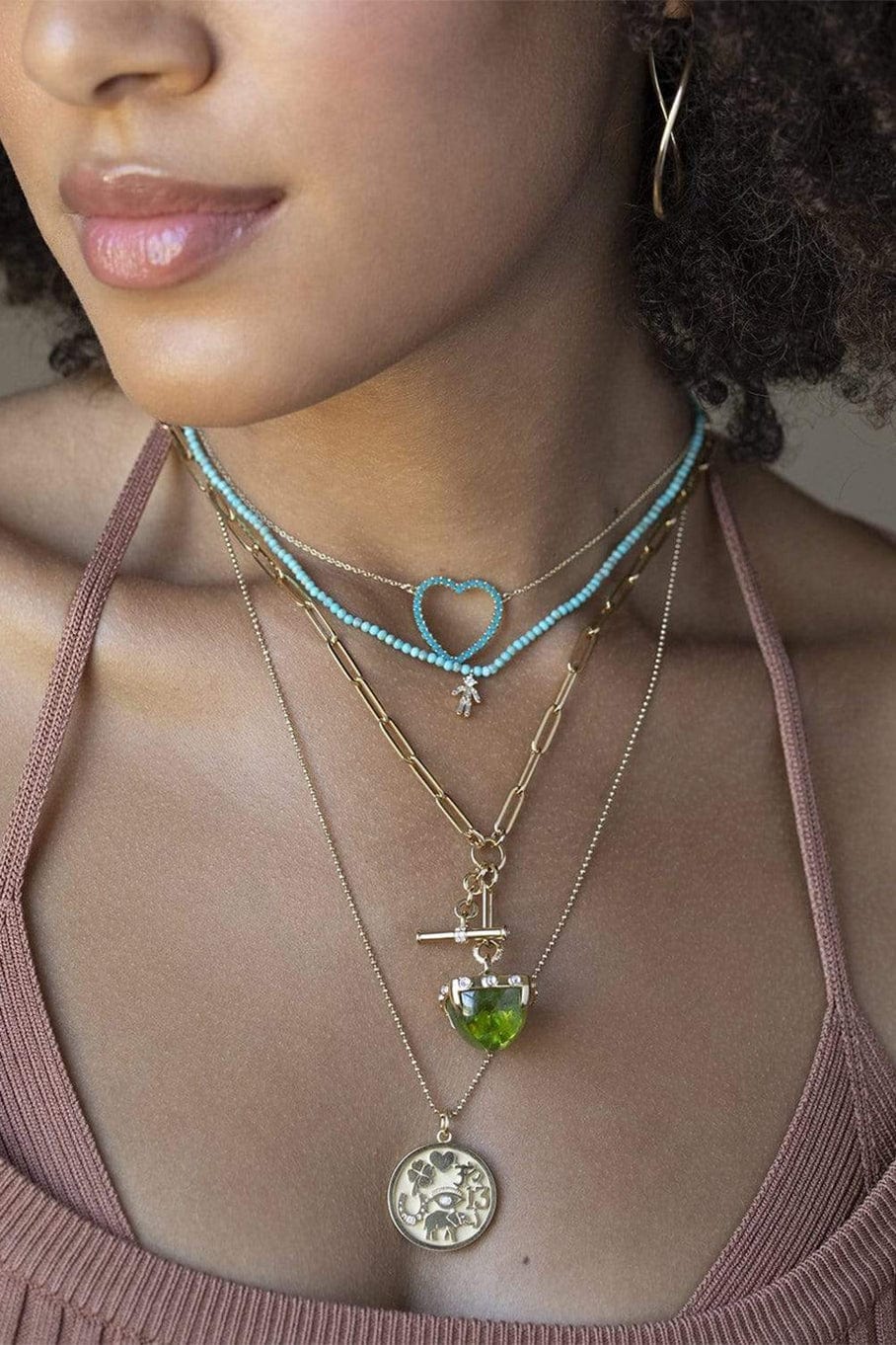 JENNIFER MEYER-Turqoise Large Open Heart Necklace-YELLOW GOLD