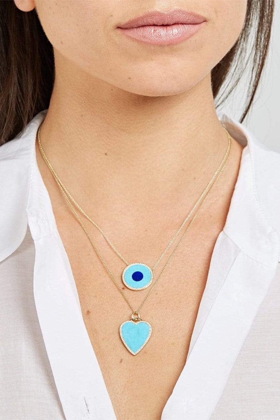 JENNIFER MEYER-Turquiose and Lapis Inlay Evil Eye Necklace-YELLOW GOLD