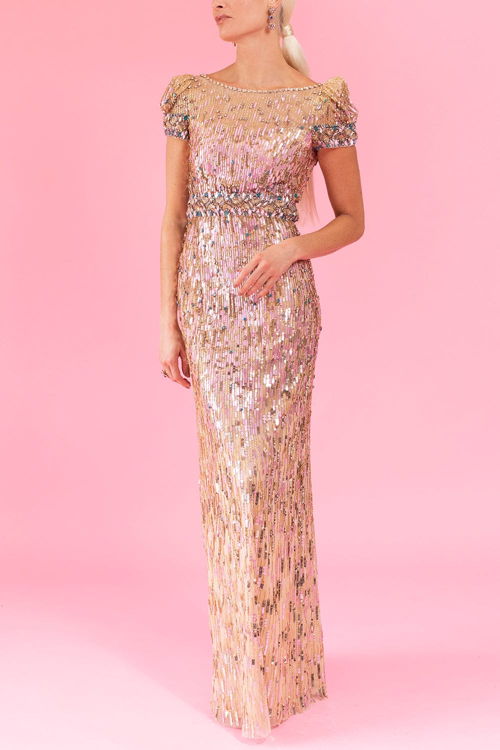 JENNY PACKHAM-Sungem Ruched Slv Bead Gown-
