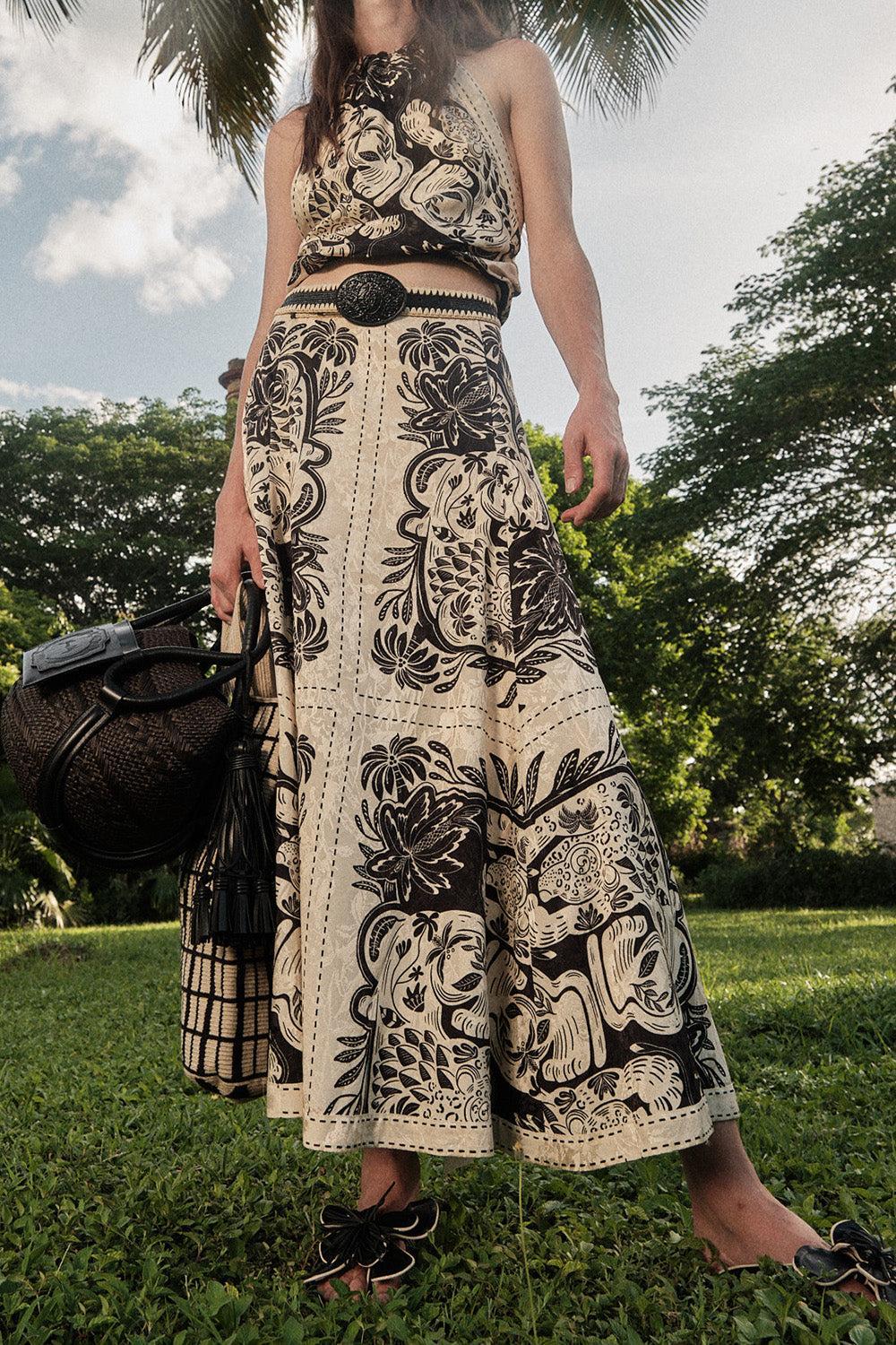 Encanto De Isla Ankle Skirt - Ecru Black-NOVELTY-4-CLOTHINGSKIRTMAXI-JOHANNA ORTIZ