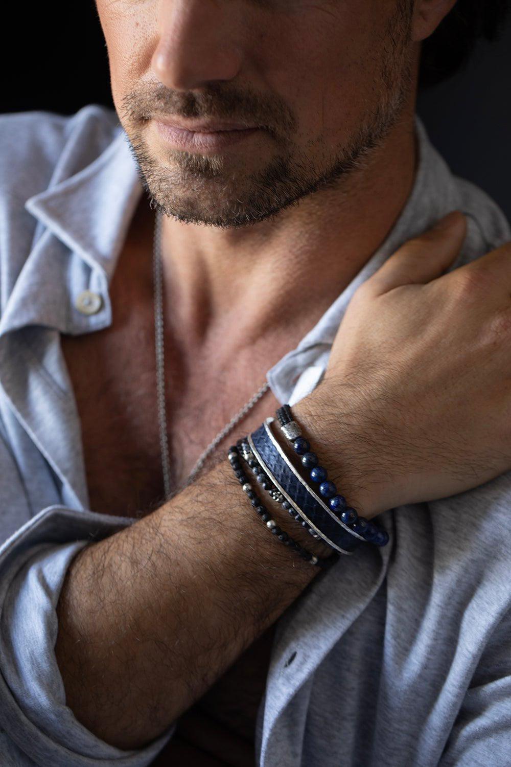 JOHN VARVATOS-Blue Snake Leather Cuff-SILVER