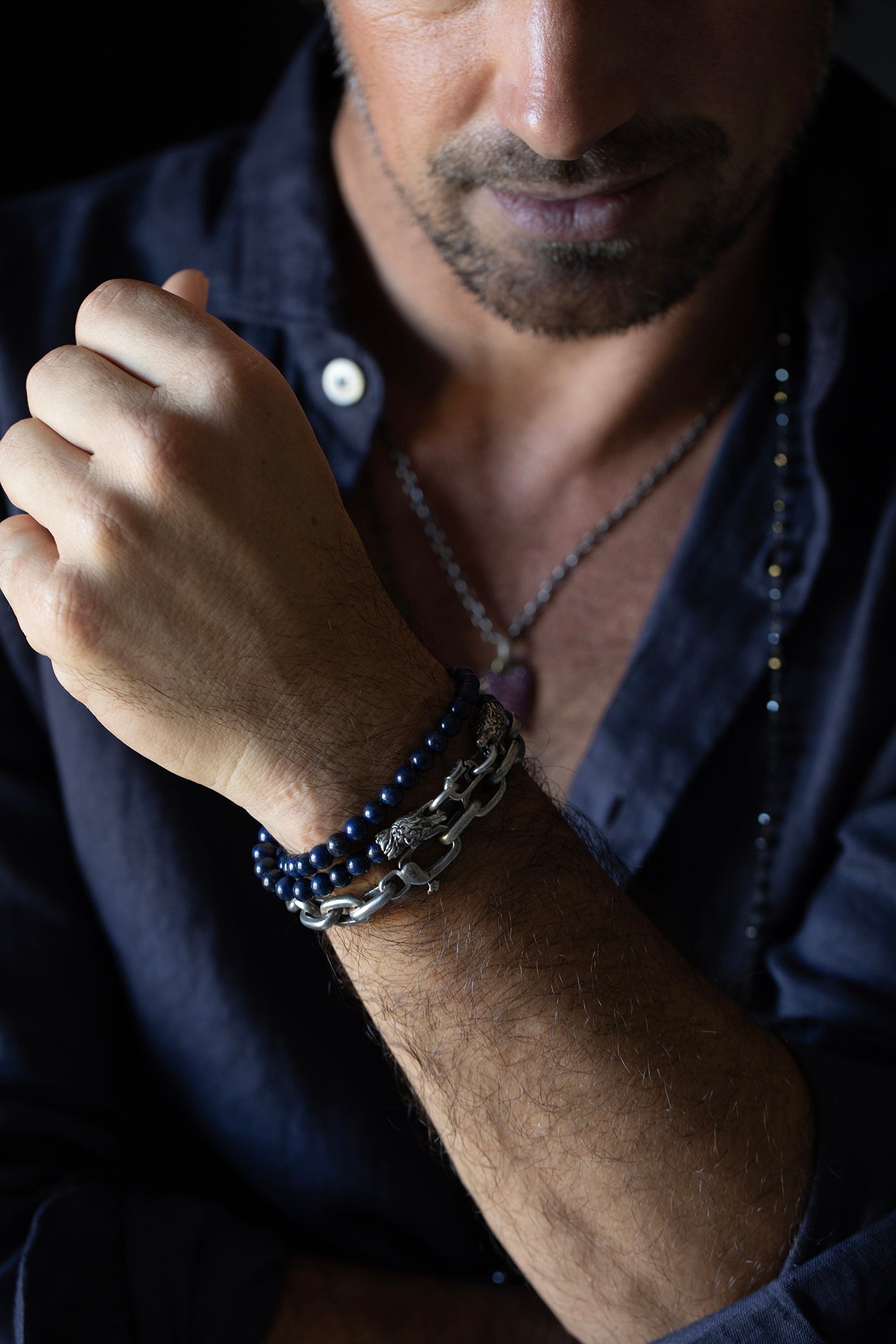 JOHN VARVATOS-Lapis Bead Wolf Clasp Bracelet-SILVER