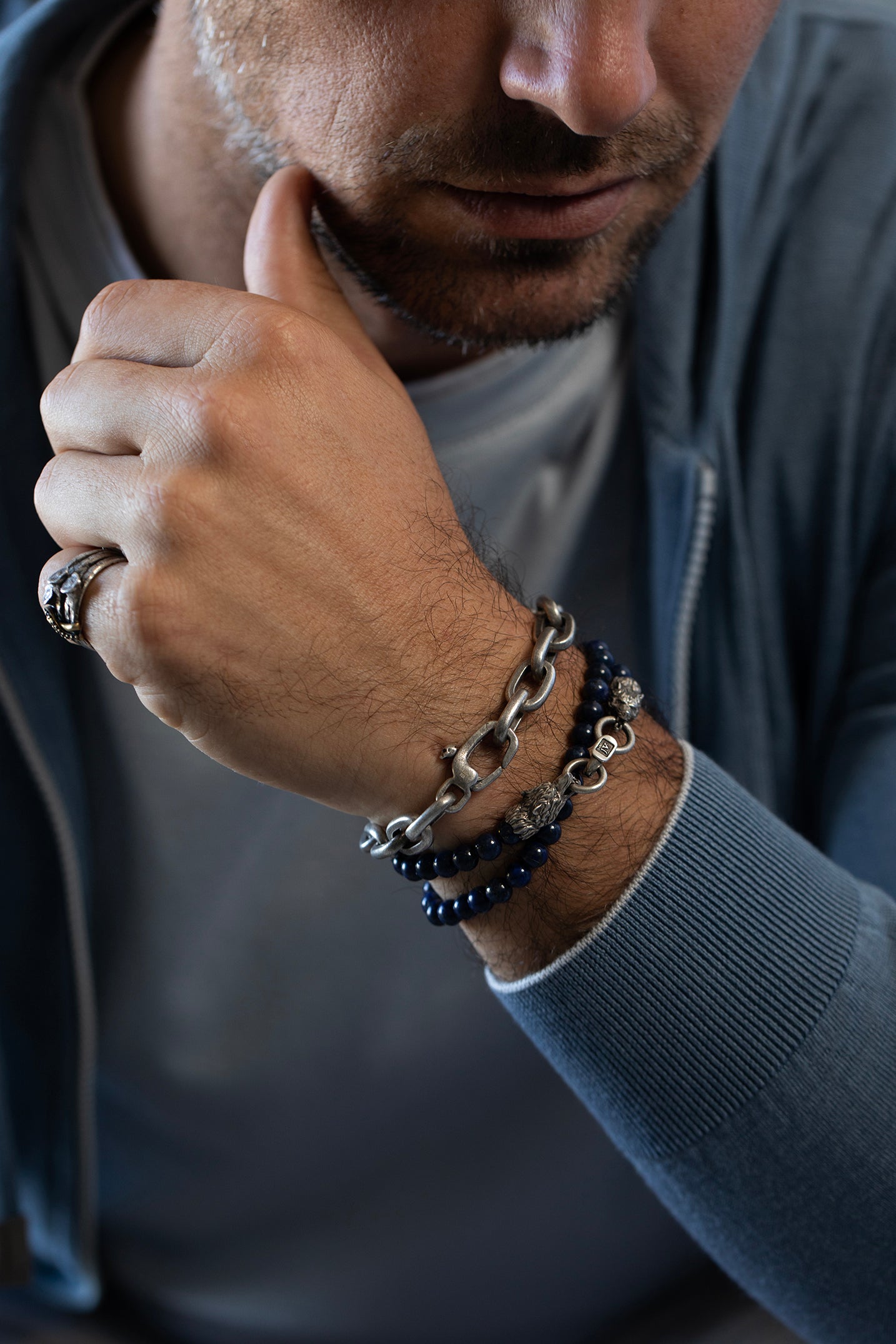 JOHN VARVATOS-Lapis Bead Wolf Clasp Bracelet-SILVER