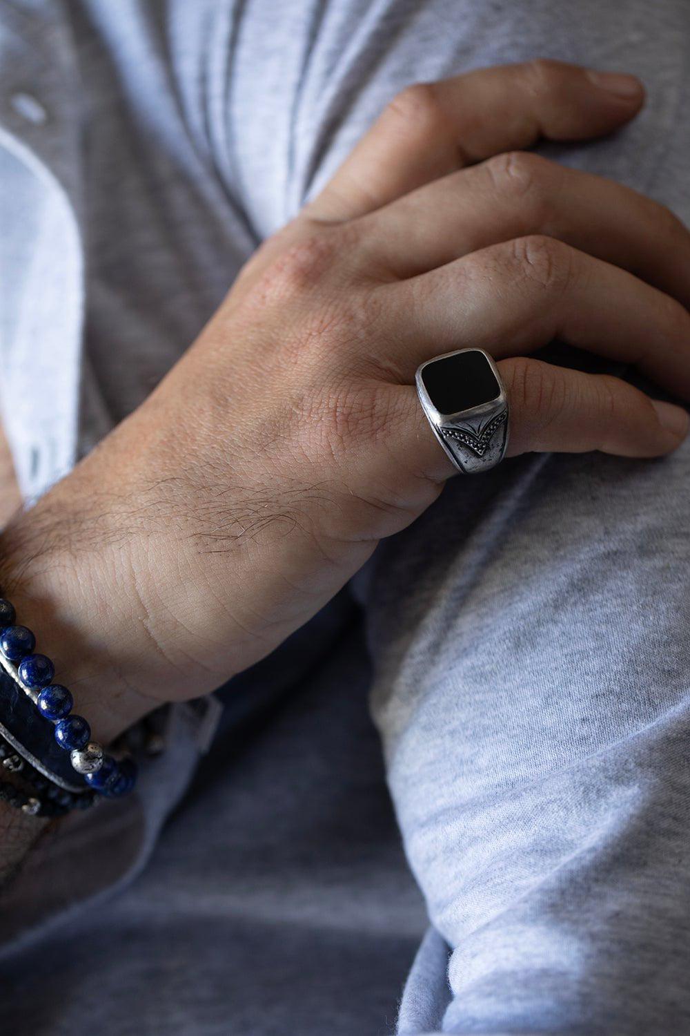 JOHN VARVATOS-Black Diamond Signet Ring-SILVER