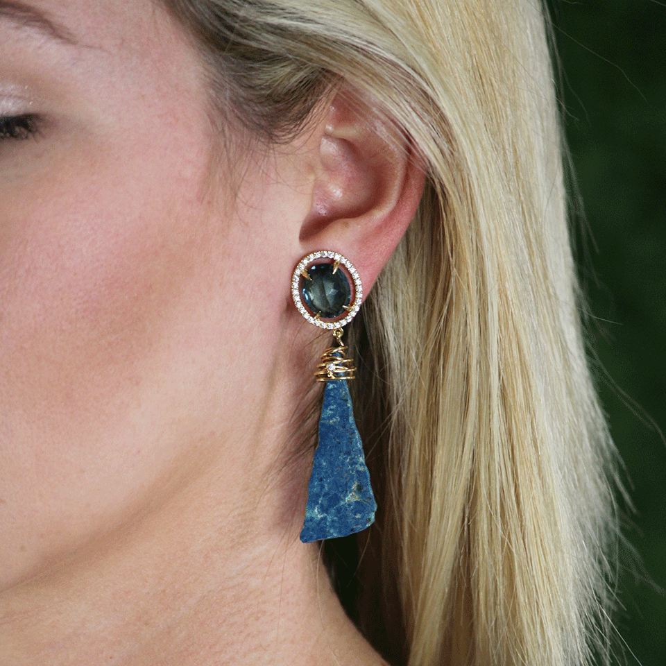 JORDAN ALEXANDER-Raw Azurite Drop Earrings-YELLOW GOLD