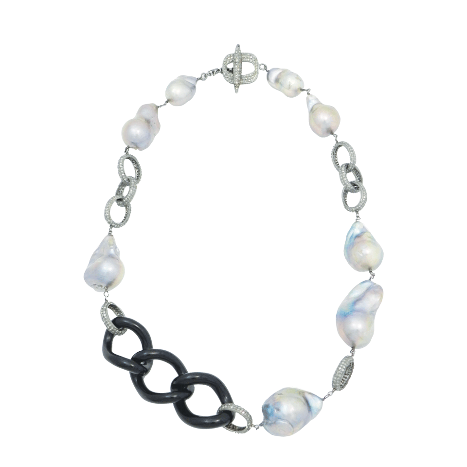 JORDAN ALEXANDER-Agate-Link Pearl and Diamond Necklace-BLK/SLVR