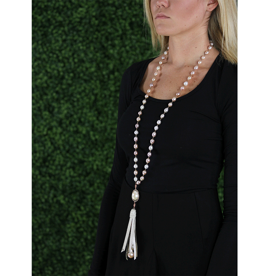 JORDAN ALEXANDER-Metallic And Pearl Tassle Necklace-ROSE GOLD