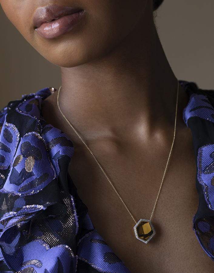 JORGE ADELER-Mirror Cut Citrine Hexagon Diamond Halo Necklace-YELLOW GOLD