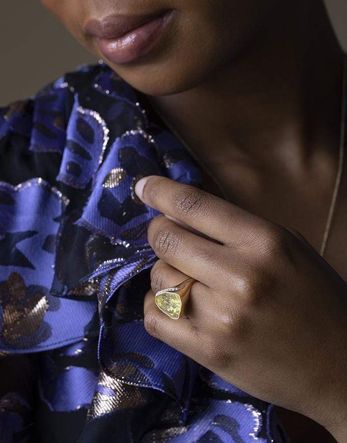 JORGE ADELER-Lemon Quartz and Diamond Ring-YELLOW GOLD