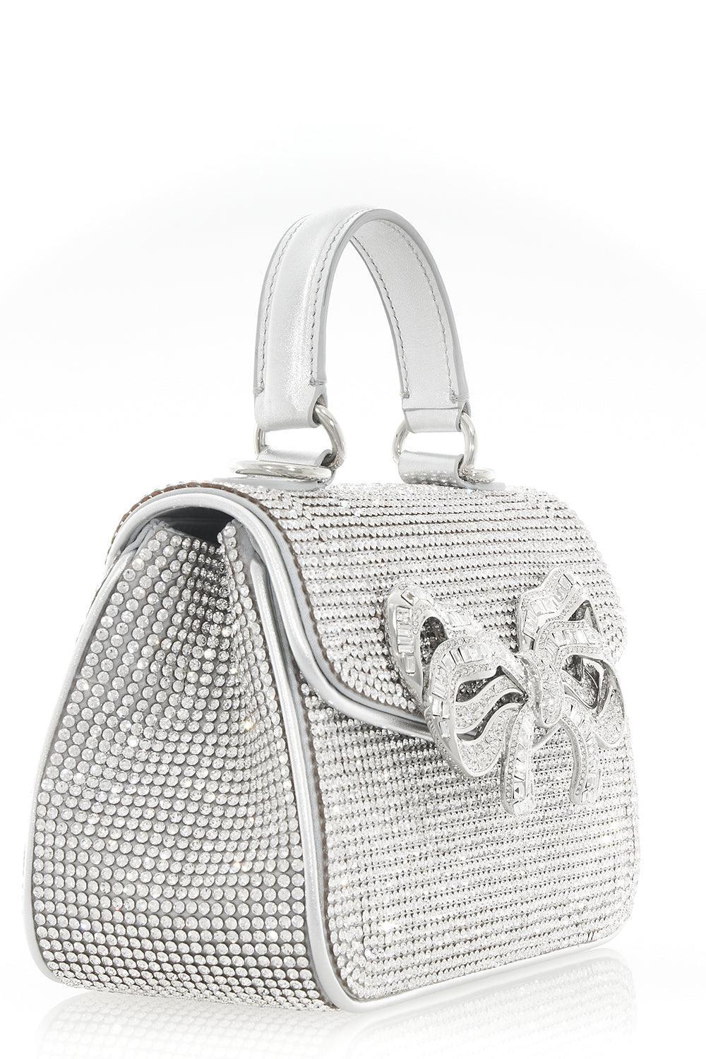 Bow Top Handle Fullbead Clutch-SILVER-HANDBAGTOP HANDLE-JUDITH LEIBER