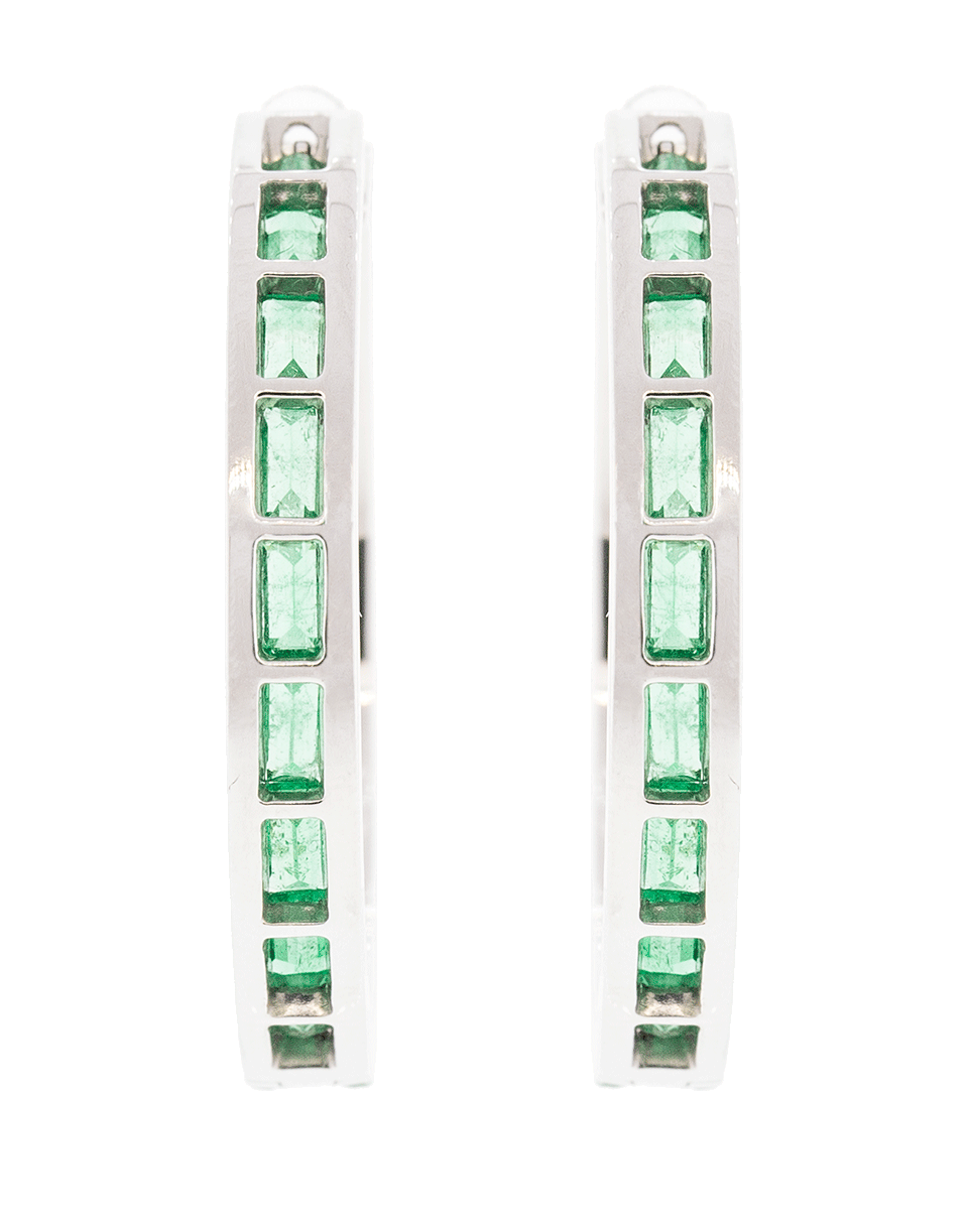 KATHERINE JETTER-Emerald Baguette Hoop Earrings-WHITE GOLD