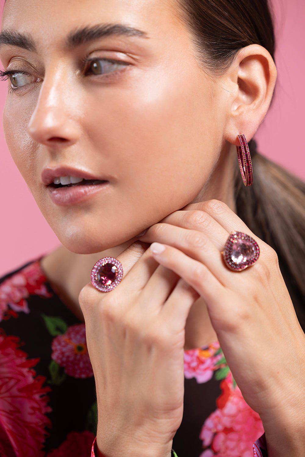 KATHERINE JETTER-Hot Pink Sapphire Origami Hoop Earrings-YELLOW GOLD