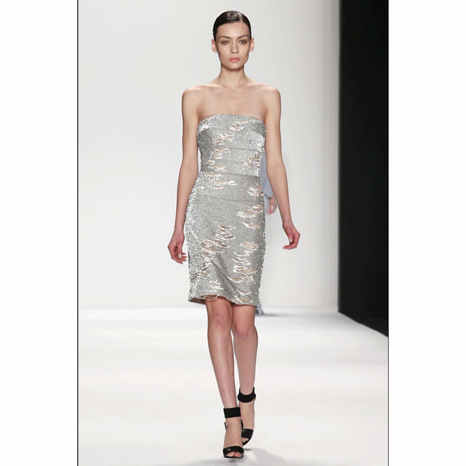 KAUFMAN FRANCO-Strapless Shredded Sequin Cocktail Dress-FOG