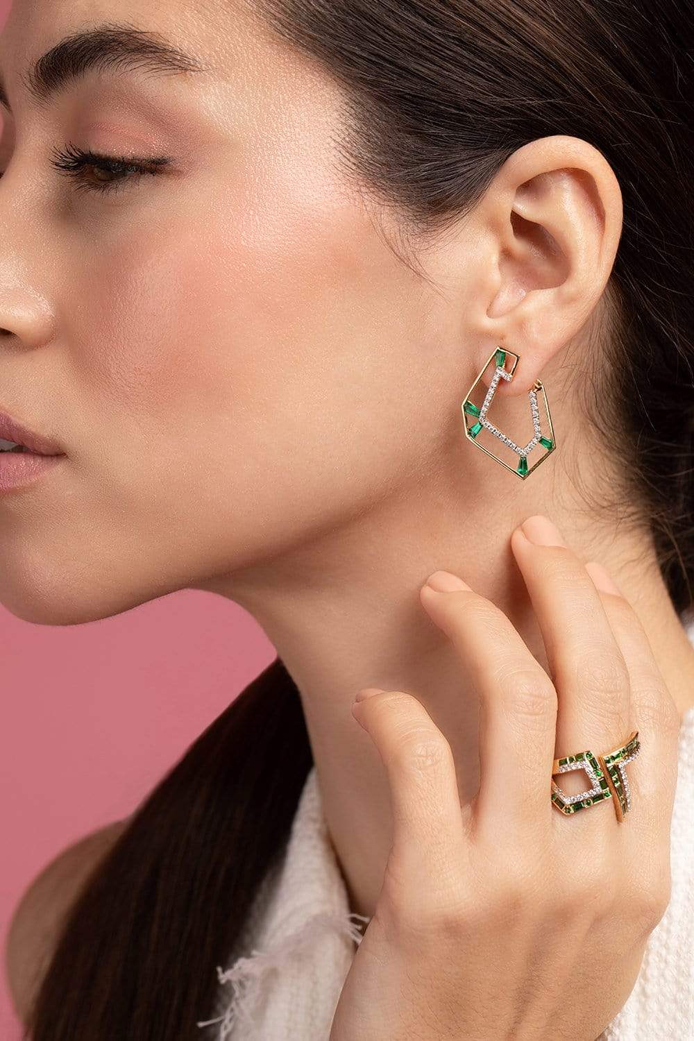KAVANT & SHARART-Emerald Origami Link No. 5 Skeleton Earrings-YELLOW GOLD