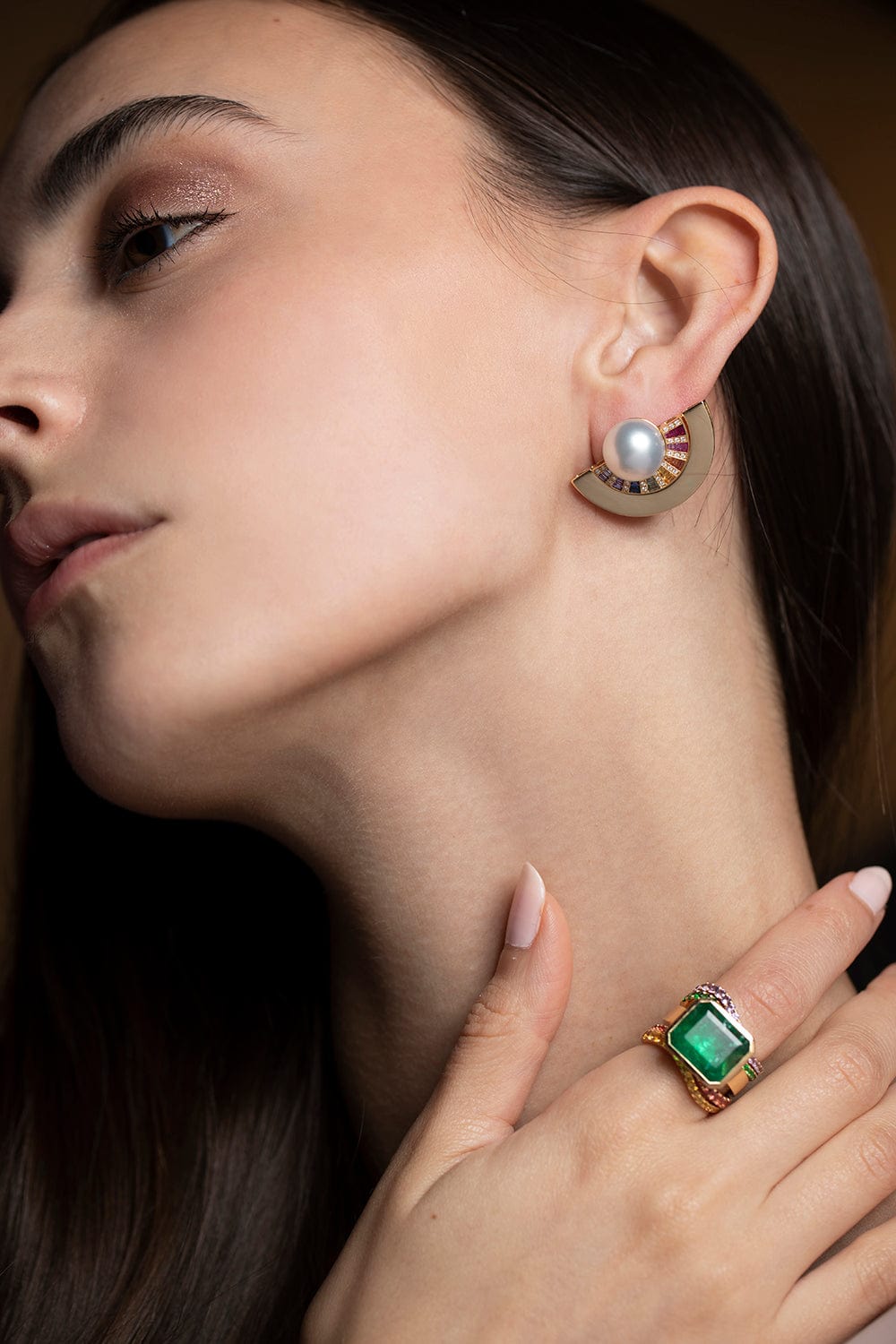 KAVANT & SHARART-Pearl and Sapphire Twist Reflection Double Jacket Earrings-YELLOW GOLD