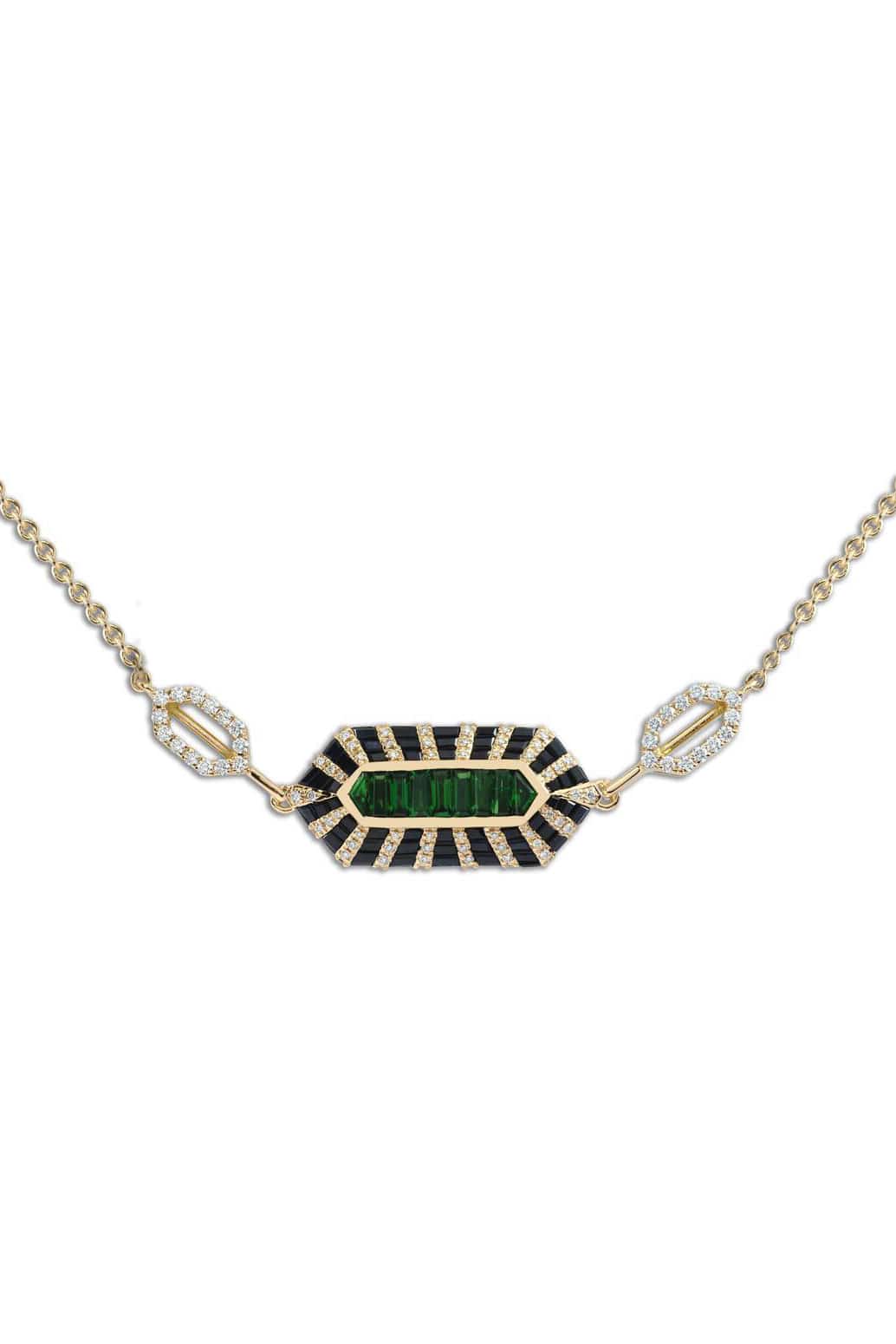 KAVANT & SHARART-Tsavorite and Black Sapphire Twist Art Deco Necklace-YELLOW GOLD