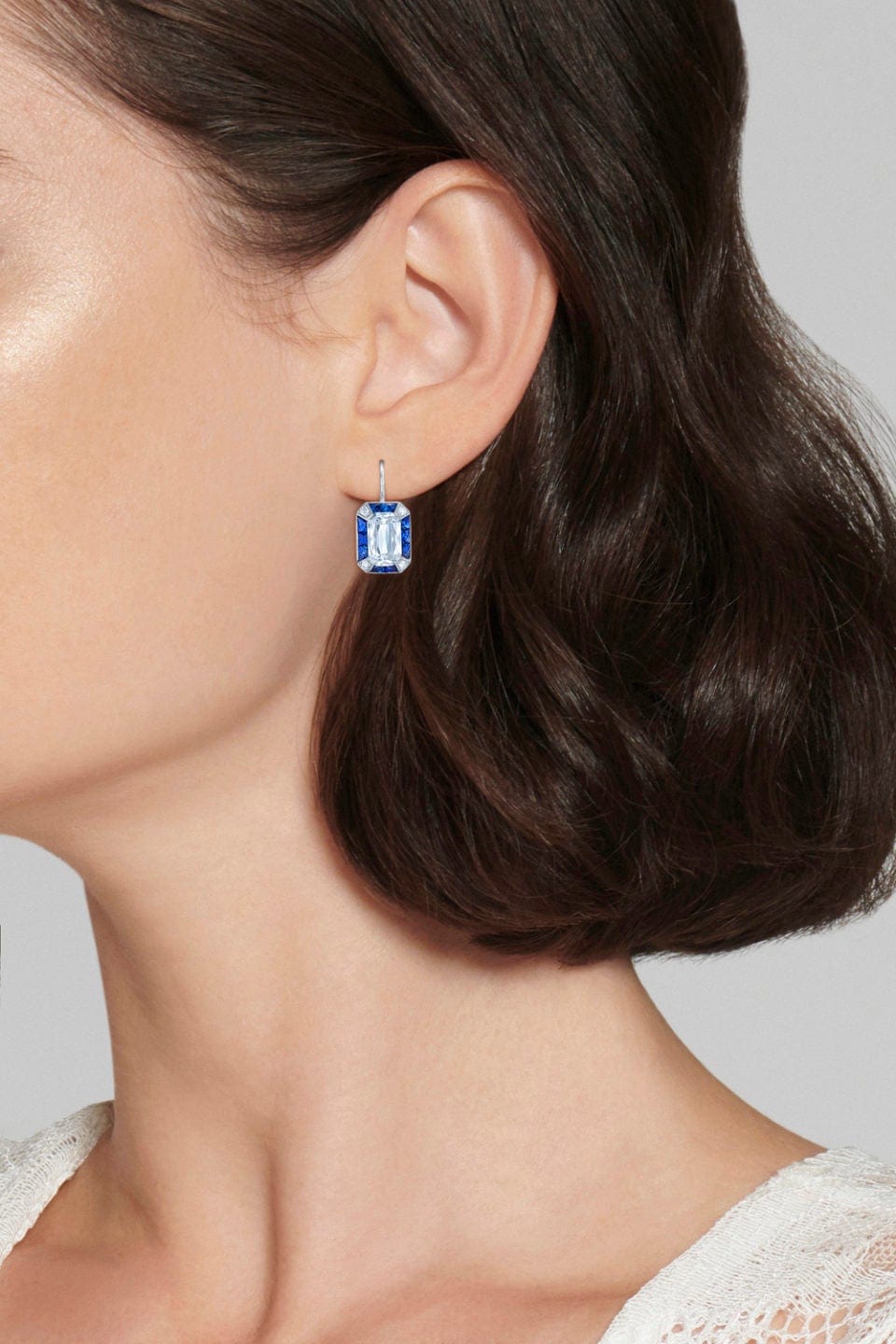 KWIAT-Ashoka Diamond Ray Earrings with Sapphire Halos-WHITE GOLD