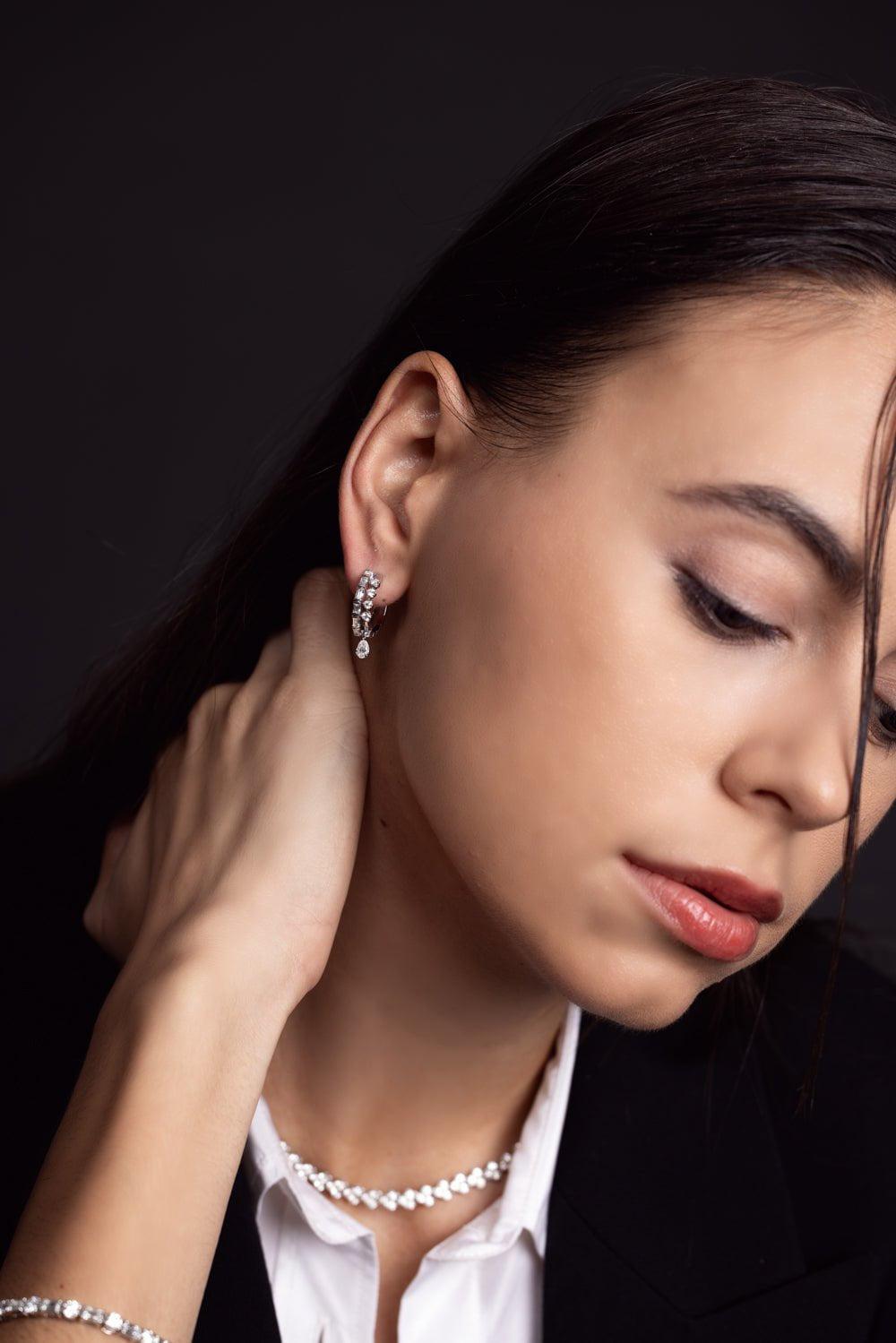 KWIAT-Cascade Two Row Huggie Earrings-WHITE GOLD