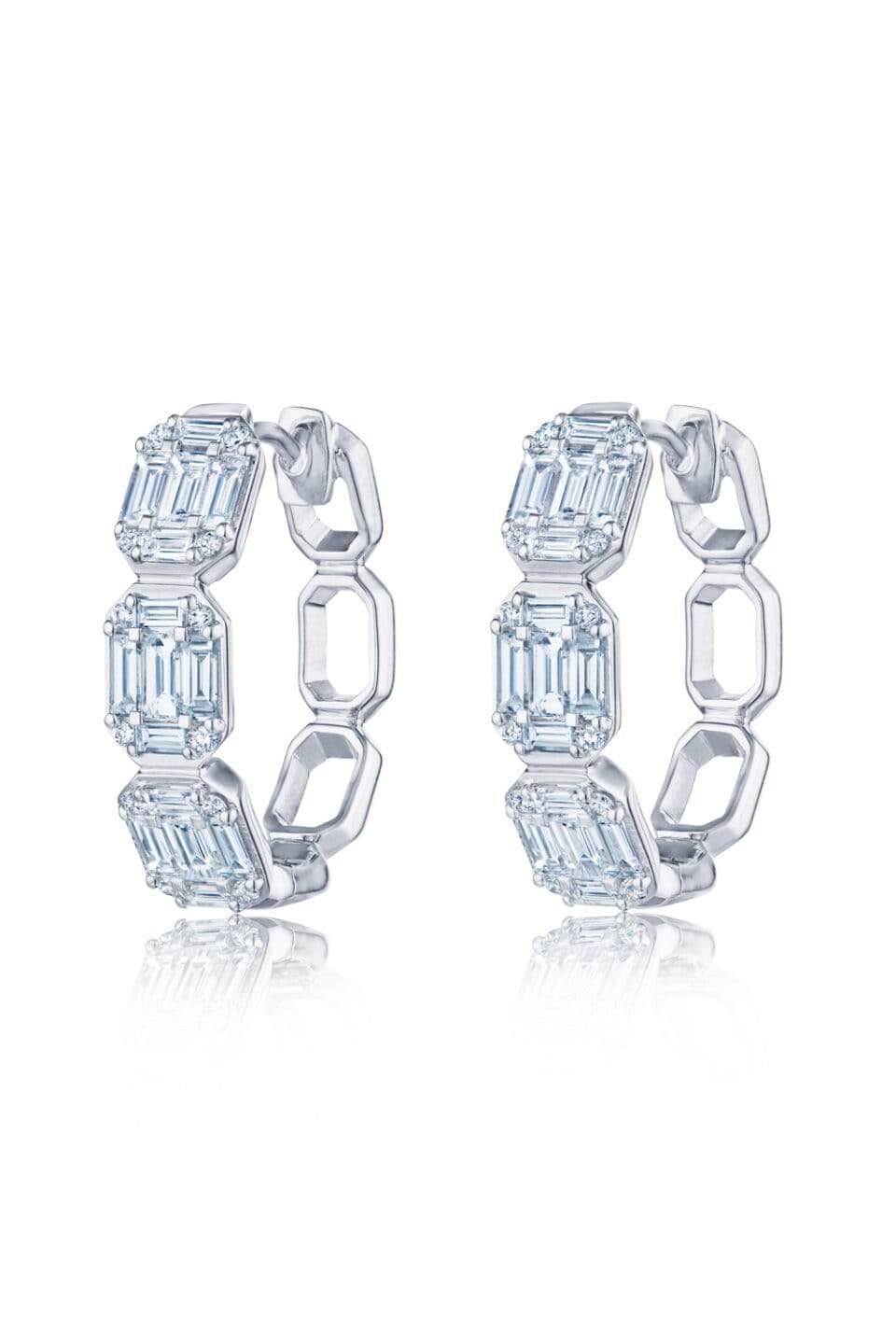 KWIAT-Emerald Cut Sunburst Hoop Earrings-WHITE GOLD