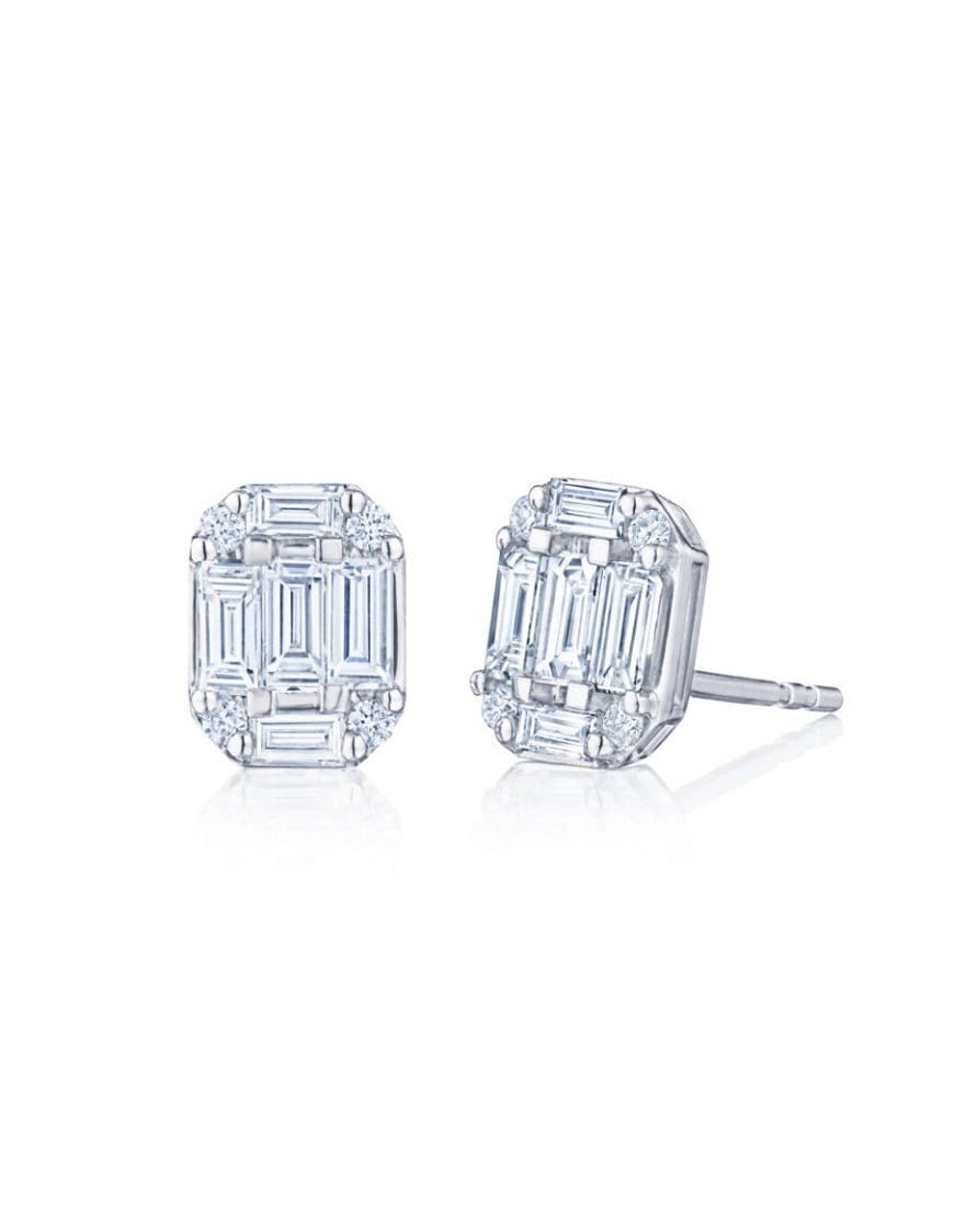KWIAT-Sunburst Emerald Cut Diamond Stud Earrings-WHITE GOLD