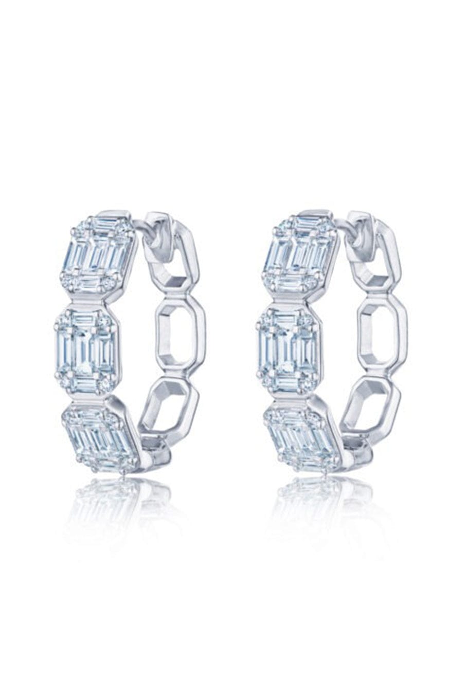 KWIAT-Sunburst Emerald Cut Hoop Earrings- White Gold-WHITE GOLD