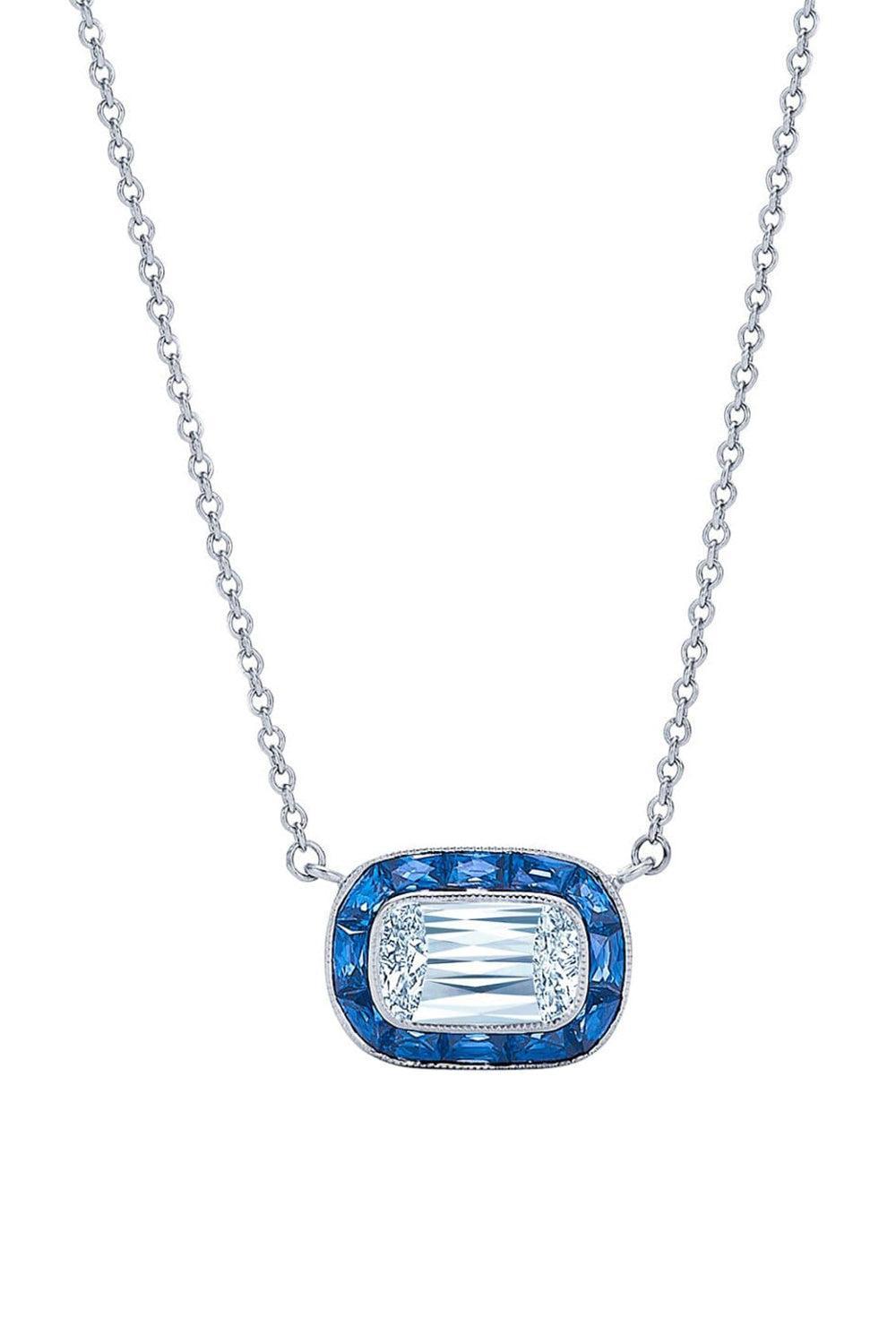 Diamond Sapphire Halo Pendant Necklace-WHITE GOLD-JEWELRYFINE JEWELNECKLACE O-KWIAT