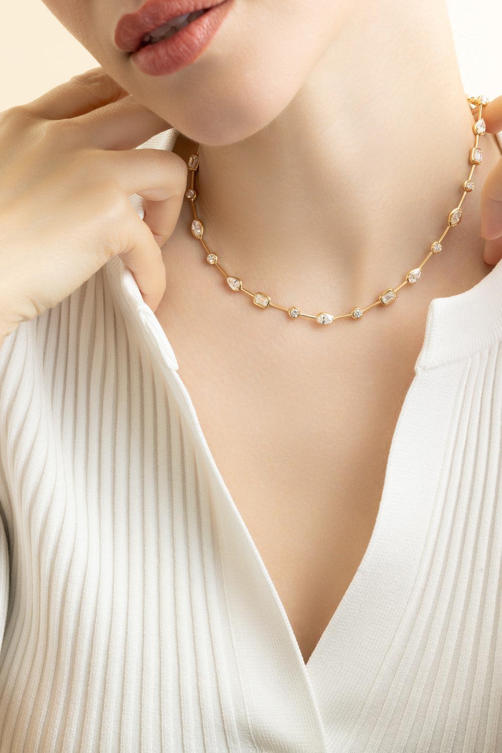 Diamond Mixed Starry Night Bezel Necklace-YELLOW GOLD-JEWELRYFINE JEWELNECKLACE O-KWIAT