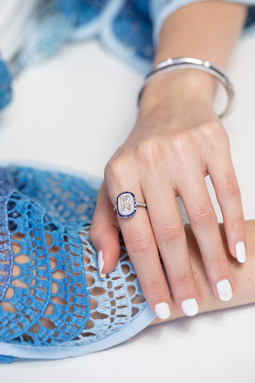 KWIAT-Sapphire and Double Diamond Halo Ashoka Ring-PLATINUM