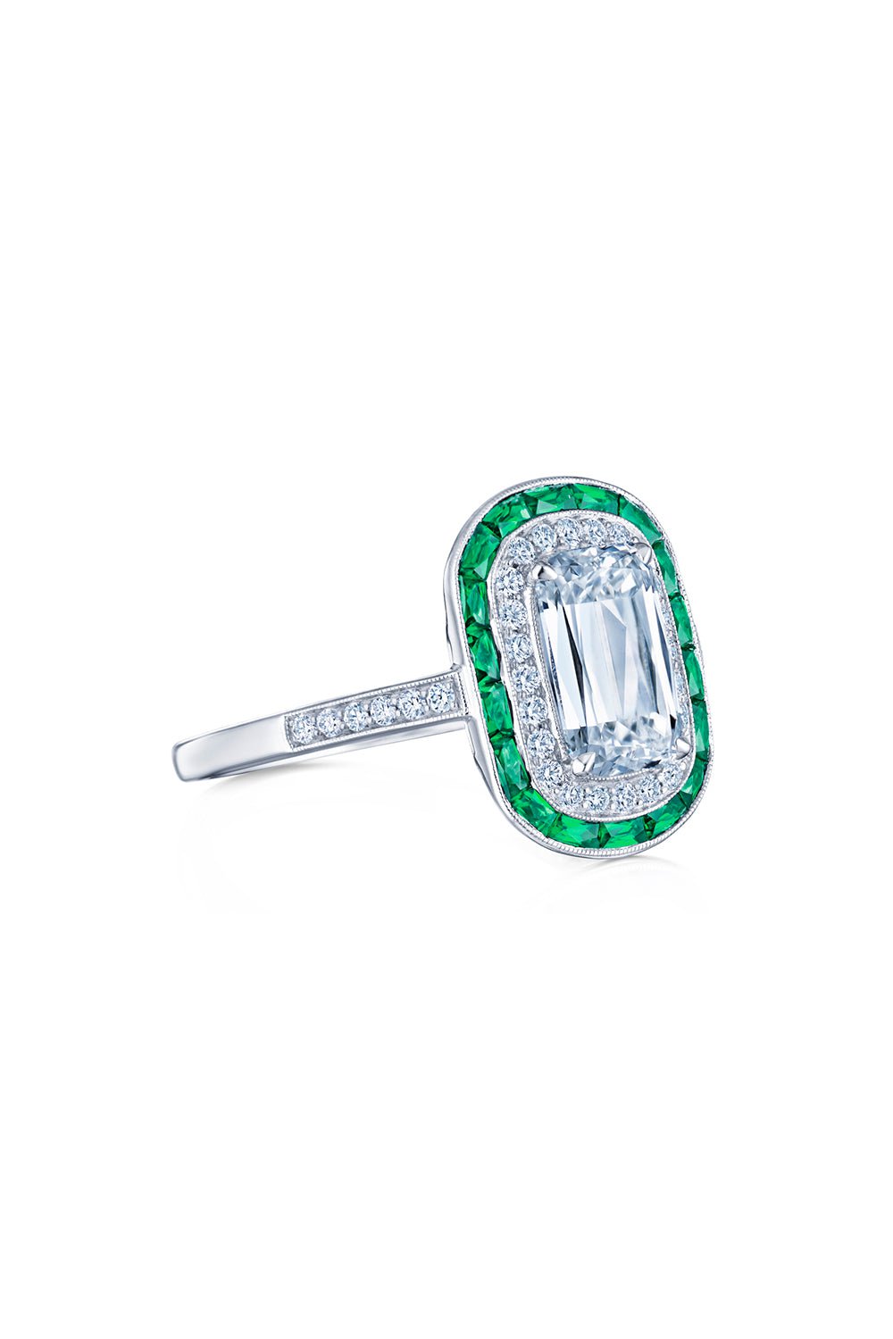 KWIAT-Emerald Diamond Halo Ring-PLATINUM