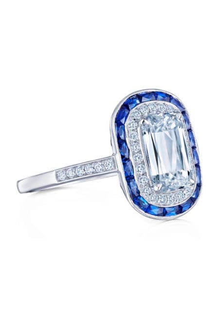 KWIAT-Sapphire and Double Diamond Halo Ashoka Ring-PLATINUM