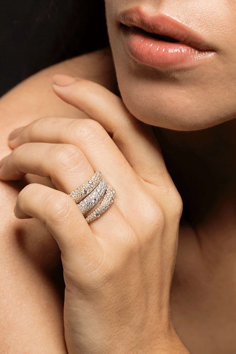 KWIAT-Moonlight 3-Row Ring with Pave Diamonds - Rose Gold-ROSE GOLD