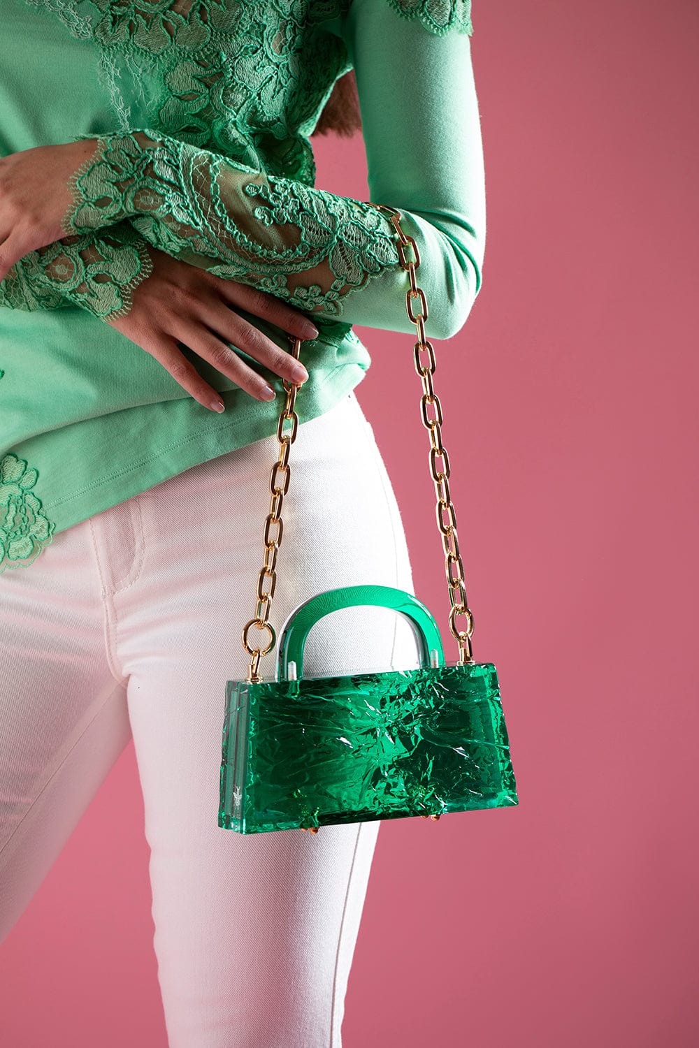 L' AFSHAR-Eva Crushed Ice Bag With Gold Chain-GREEN