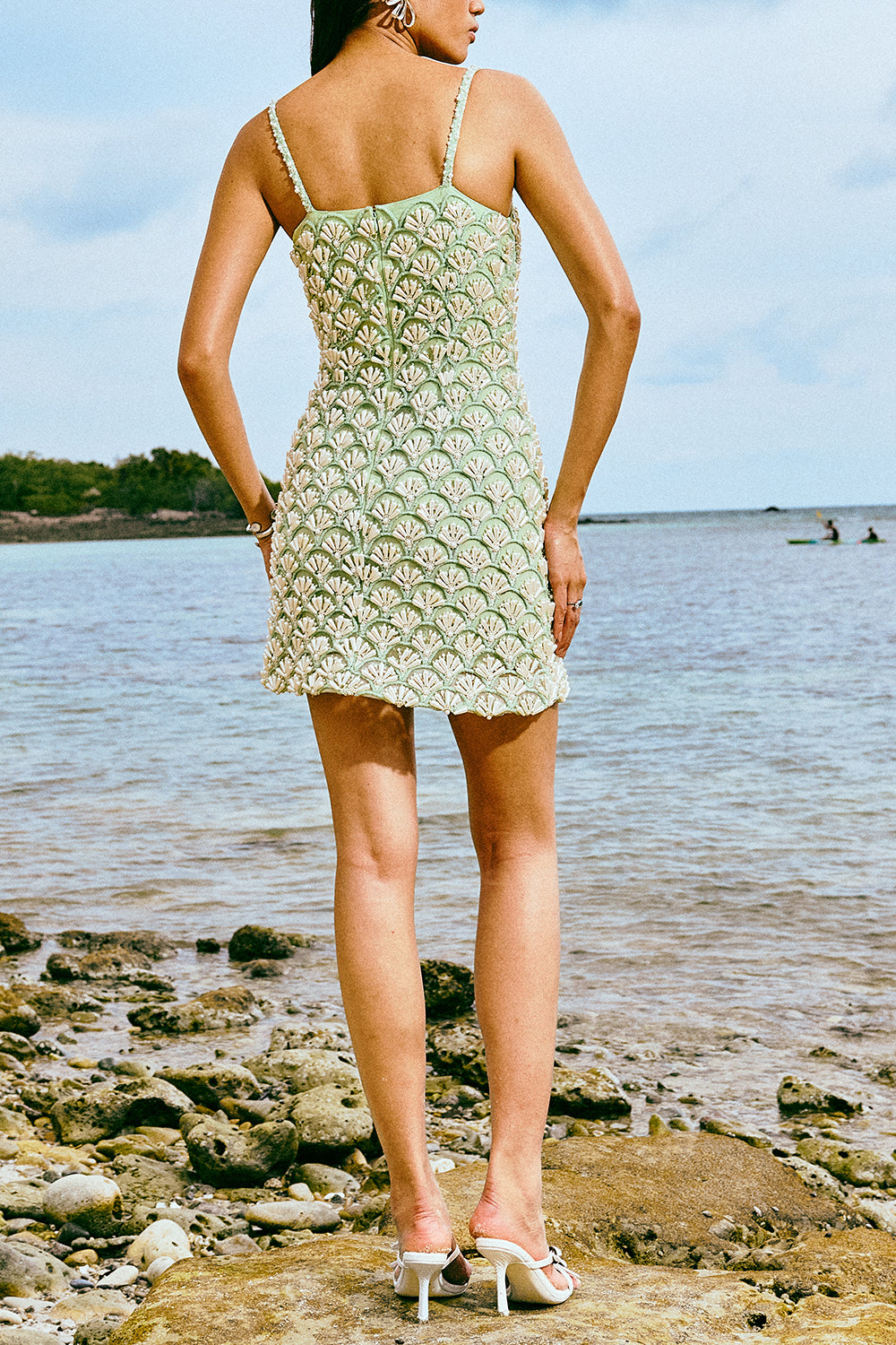 Louvre Scallop Pearl Mini Dress-GREEN-XS-CLOTHINGDRESSCOCKTAIL-LA FUORI