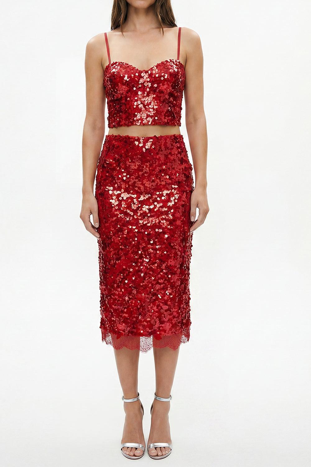 Makena Pencil Skirt - Red Sequin-RED-0-CLOTHINGSKIRTMIDI-L'AGENCE