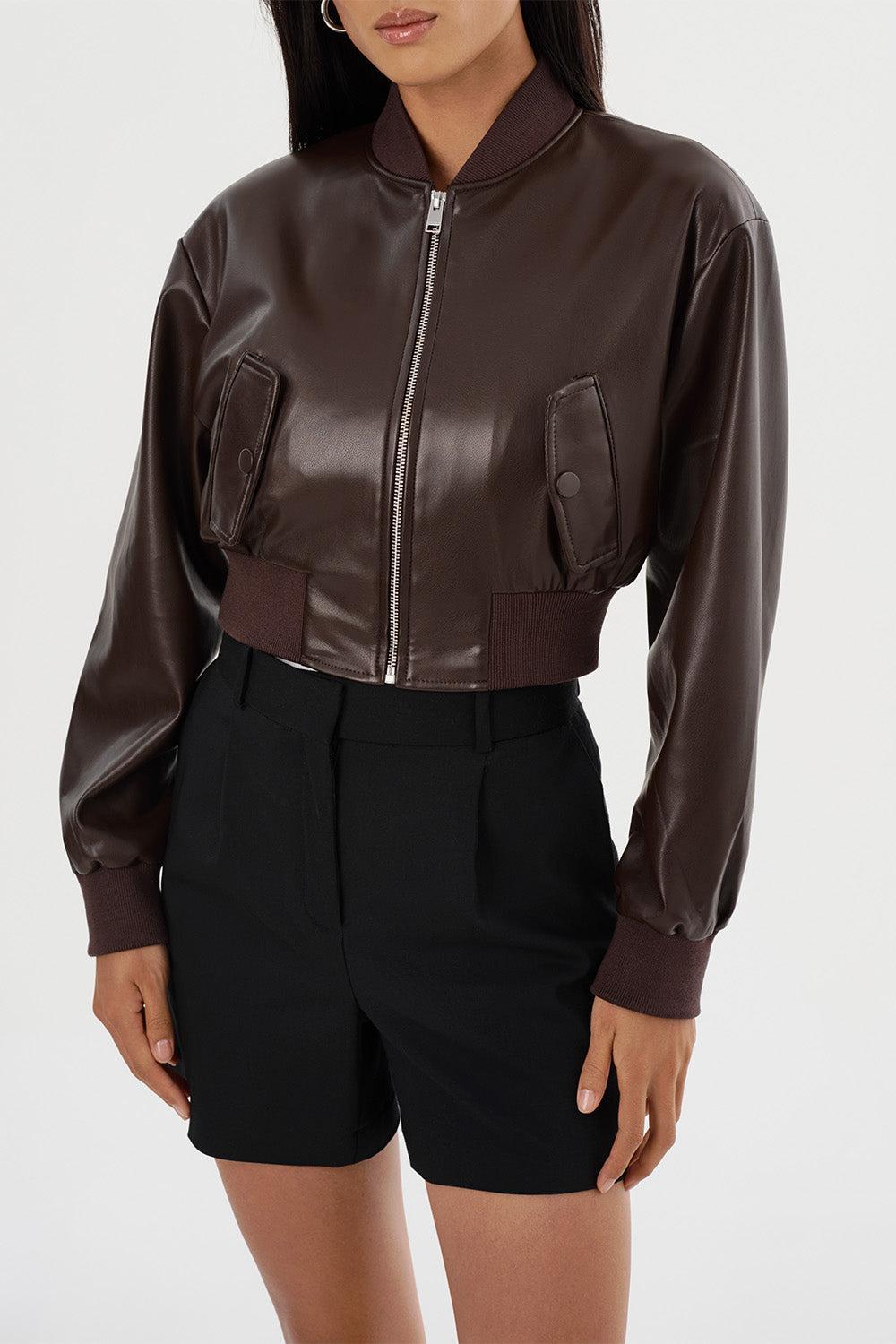 Evelin Crop Bomber Jacket - Dark Brown-DK BROWN-XS-CLOTHINGJACKETCASUAL-LAMARQUE