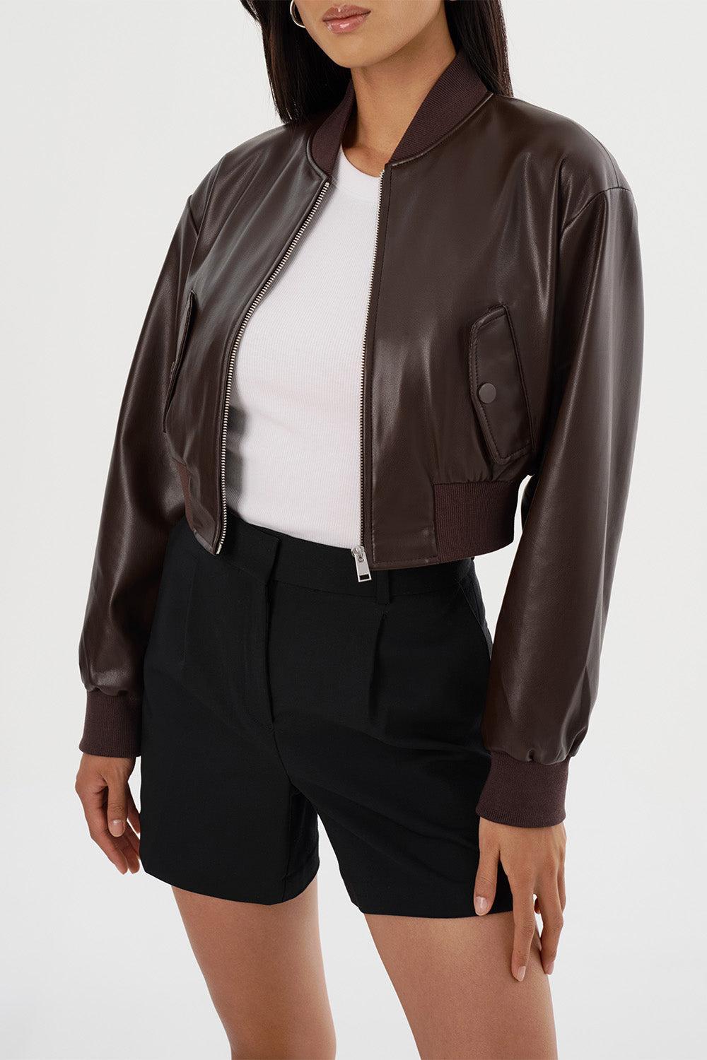 Evelin Crop Bomber Jacket - Dark Brown-DK BROWN-XS-CLOTHINGJACKETCASUAL-LAMARQUE