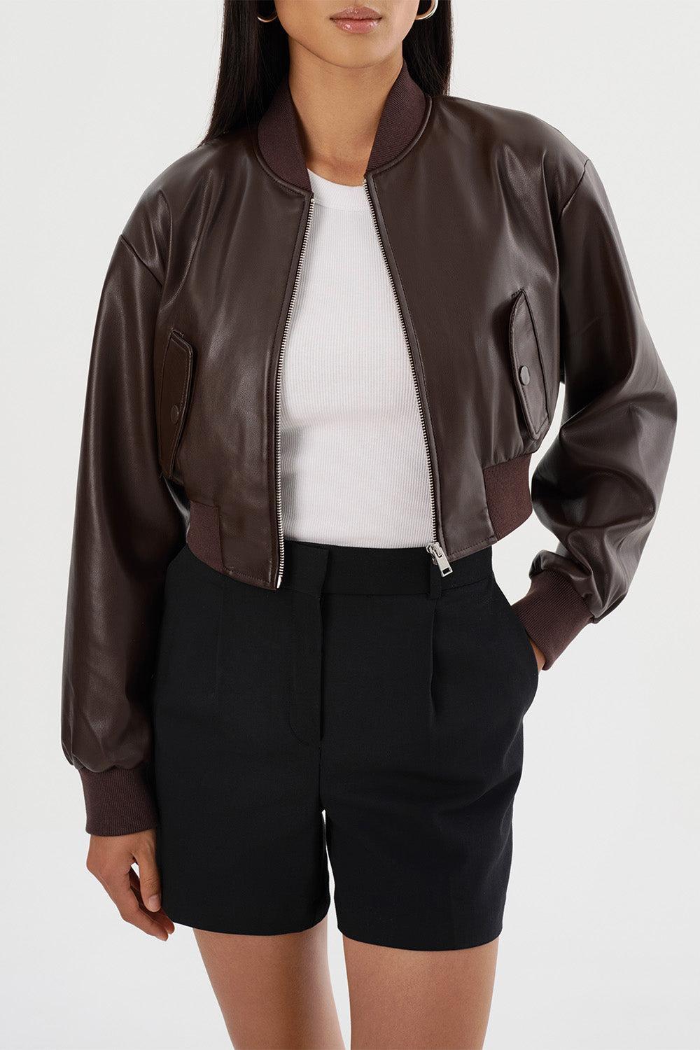 Evelin Crop Bomber Jacket - Dark Brown-DK BROWN-XS-CLOTHINGJACKETCASUAL-LAMARQUE