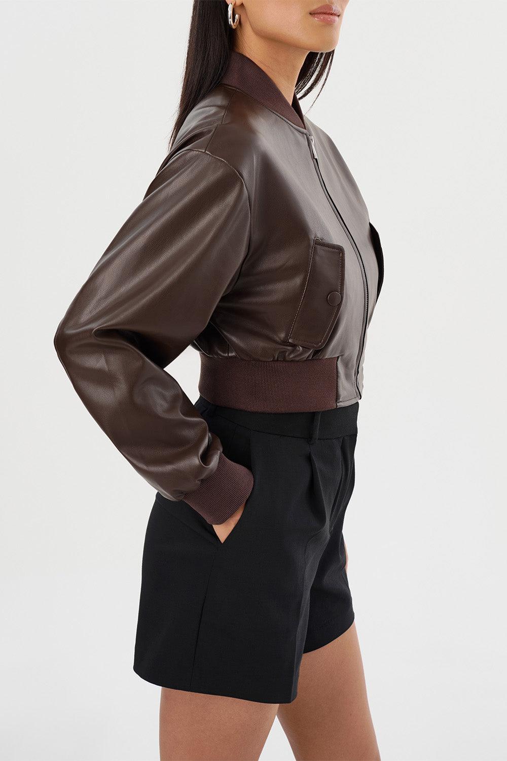 Evelin Crop Bomber Jacket - Dark Brown-DK BROWN-XS-CLOTHINGJACKETCASUAL-LAMARQUE