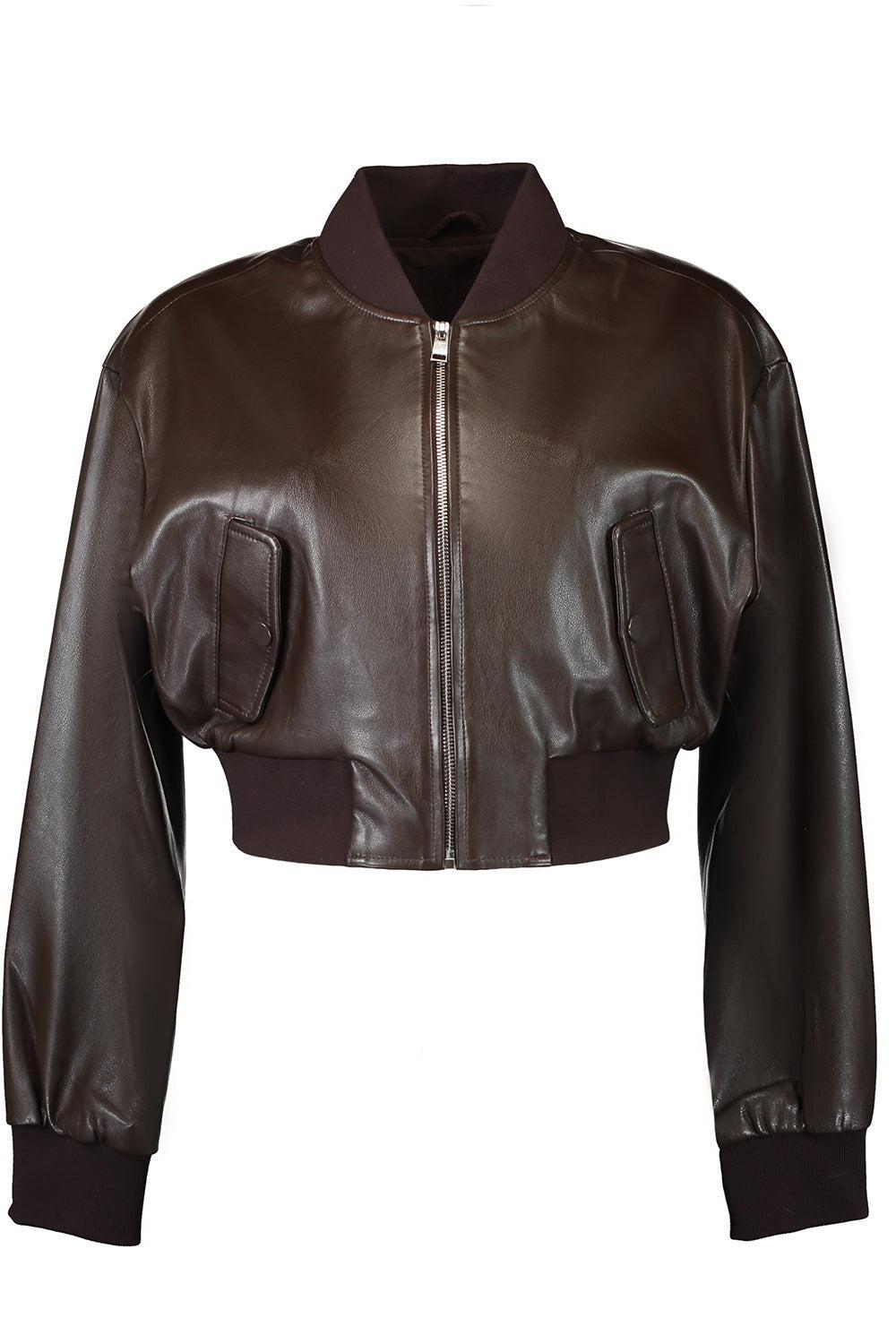 Evelin Crop Bomber Jacket - Dark Brown-DK BROWN-XS-CLOTHINGJACKETCASUAL-LAMARQUE