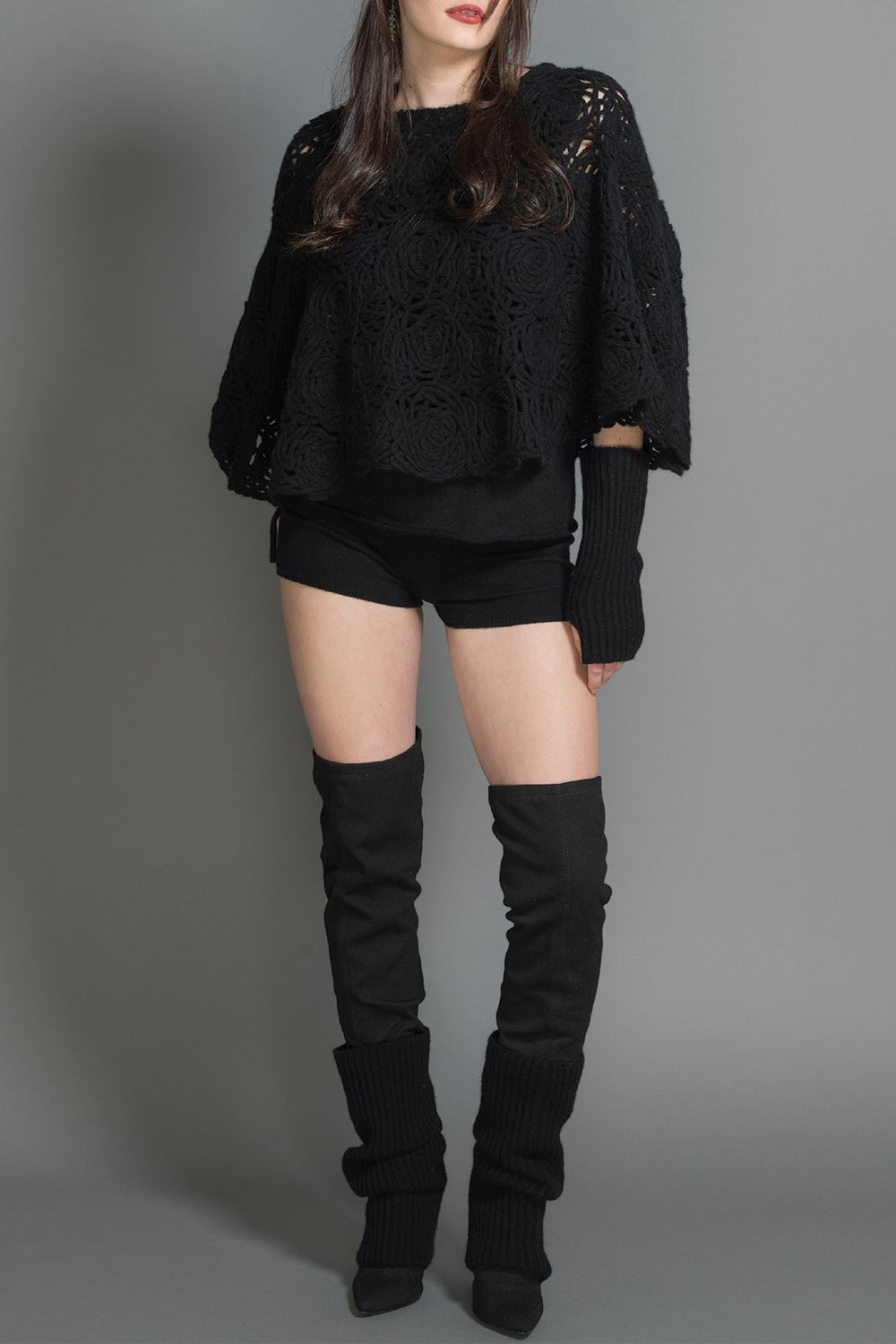 LAMBERTO LOSANI-Crochet Poncho - Black-BLACK