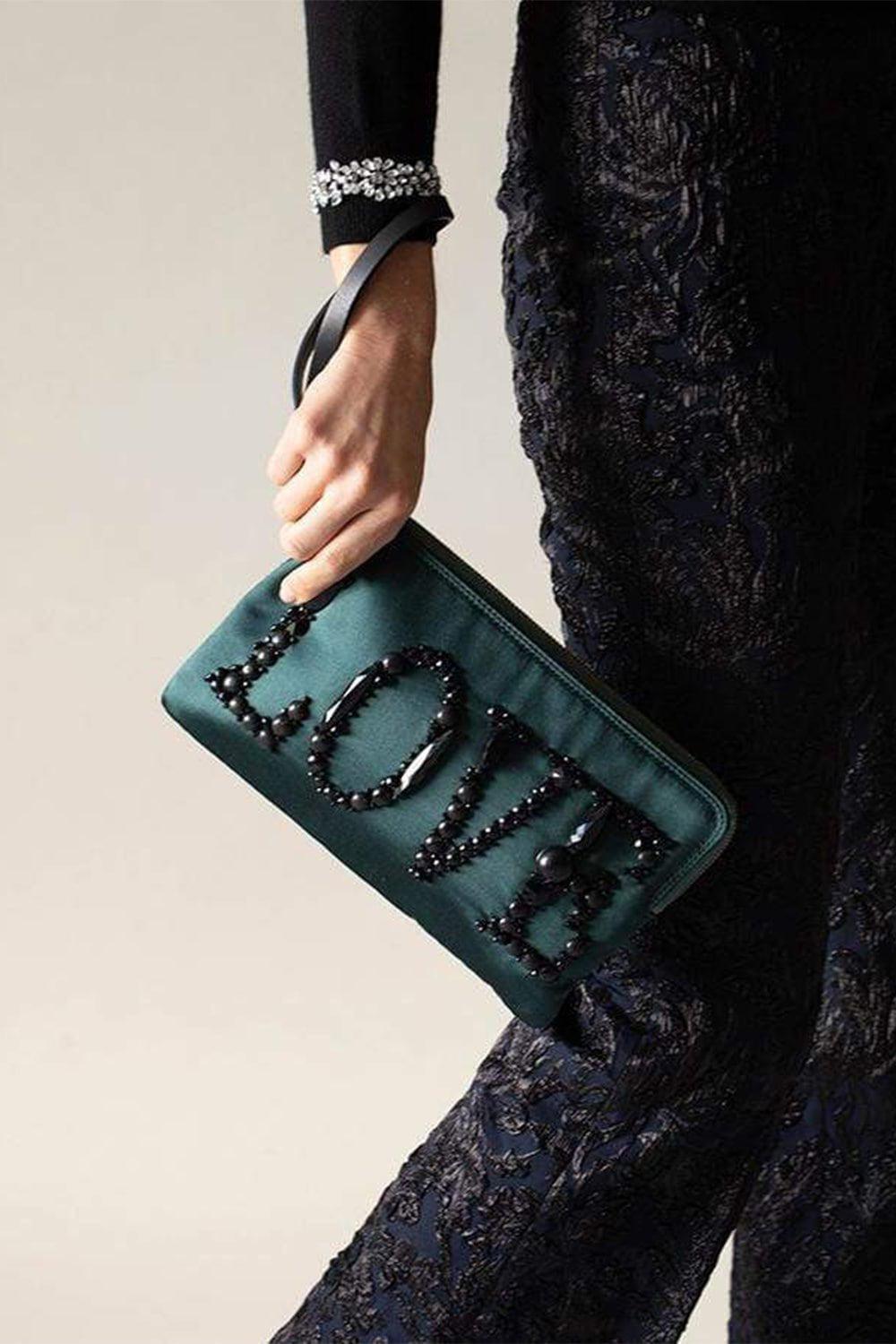 LANVIN-Embroidered Love Satin Clutch-GREEN