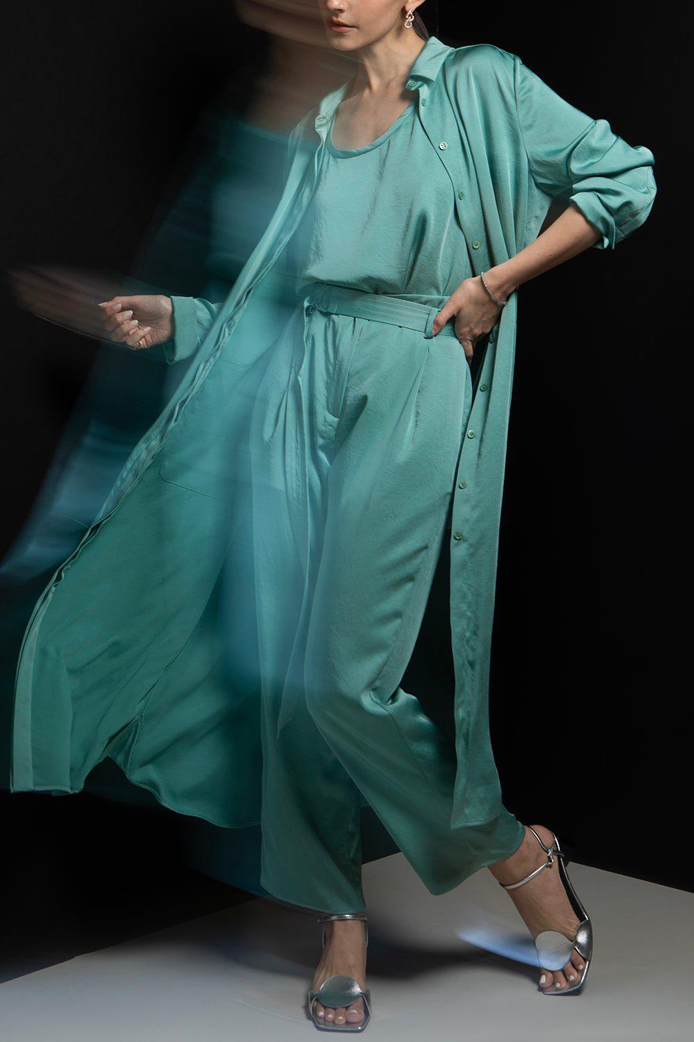 LAPOINTE-Texture Satin Button Dress - Sea Green-