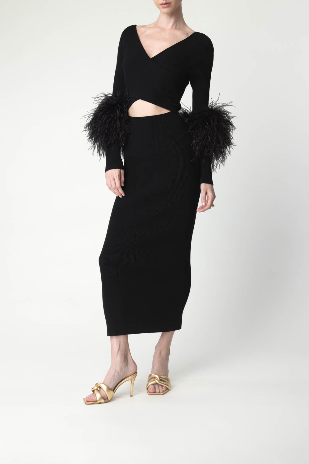 feather cut dress Feather-Wrist Embellished Glitter A-line Dress Cut-Away Long Sleeves GLGL3041