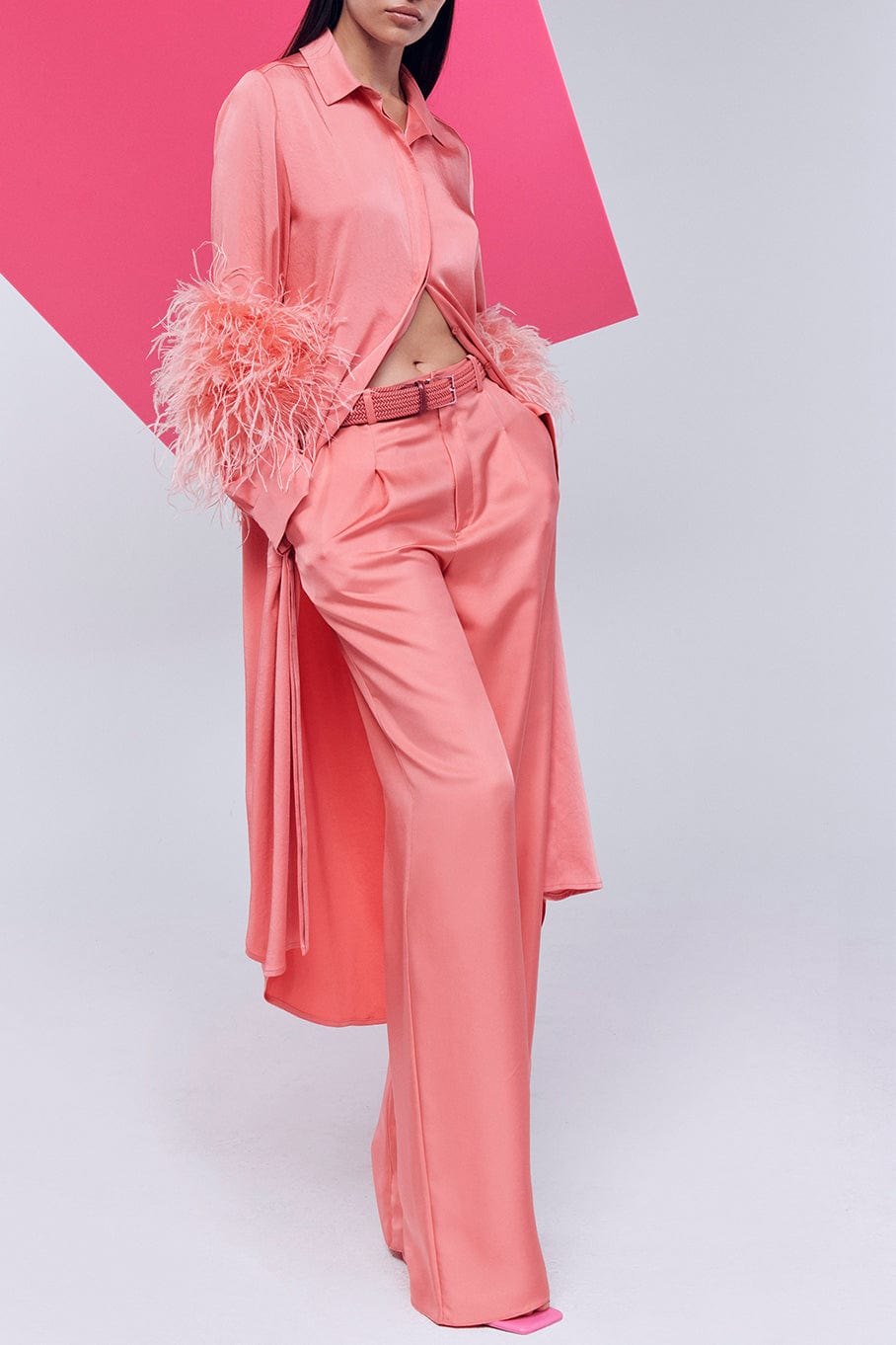 LAPOINTE-Button Down Dress With Ostrich Feathers-