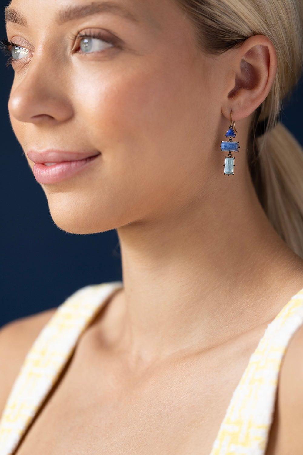 LARKSPUR & HAWK-Caterina Baguette Three Drop White Quartz Blue Earrings-SILVER