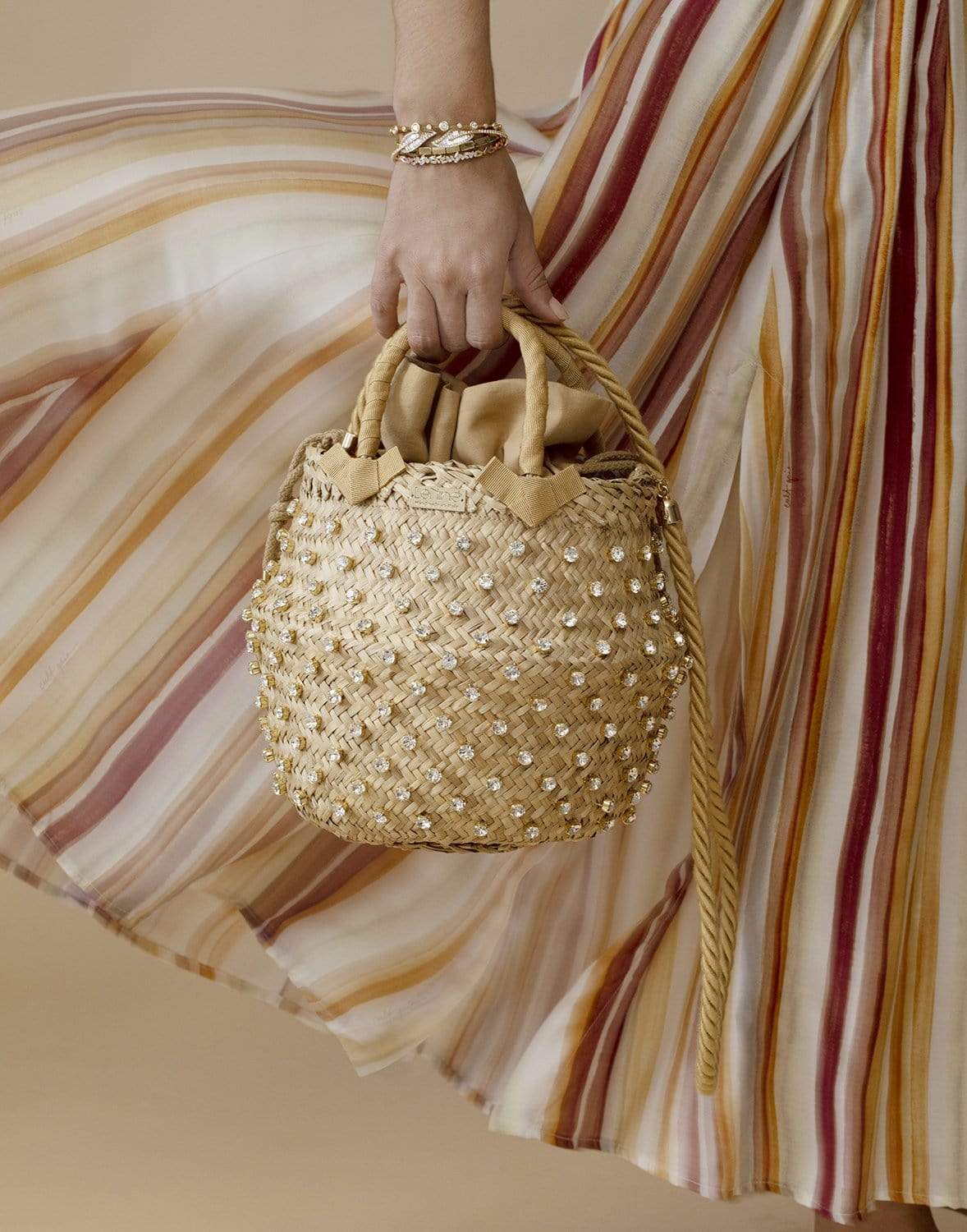 LE NINE-Cream Carol Small Tassel Bag with Crystals-BISCOTTO